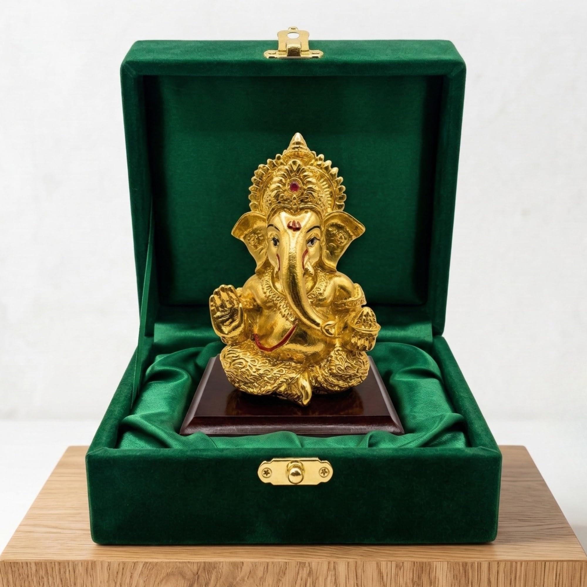 Dev Aastha 24K Gold Plated Ganesha Idol - 4 Inch Divine Seated Ganpati Statue on Premium Wooden Base - Auspicious Vastu Home Decor and Spiritual Gift with Anti-Tarnish Finish