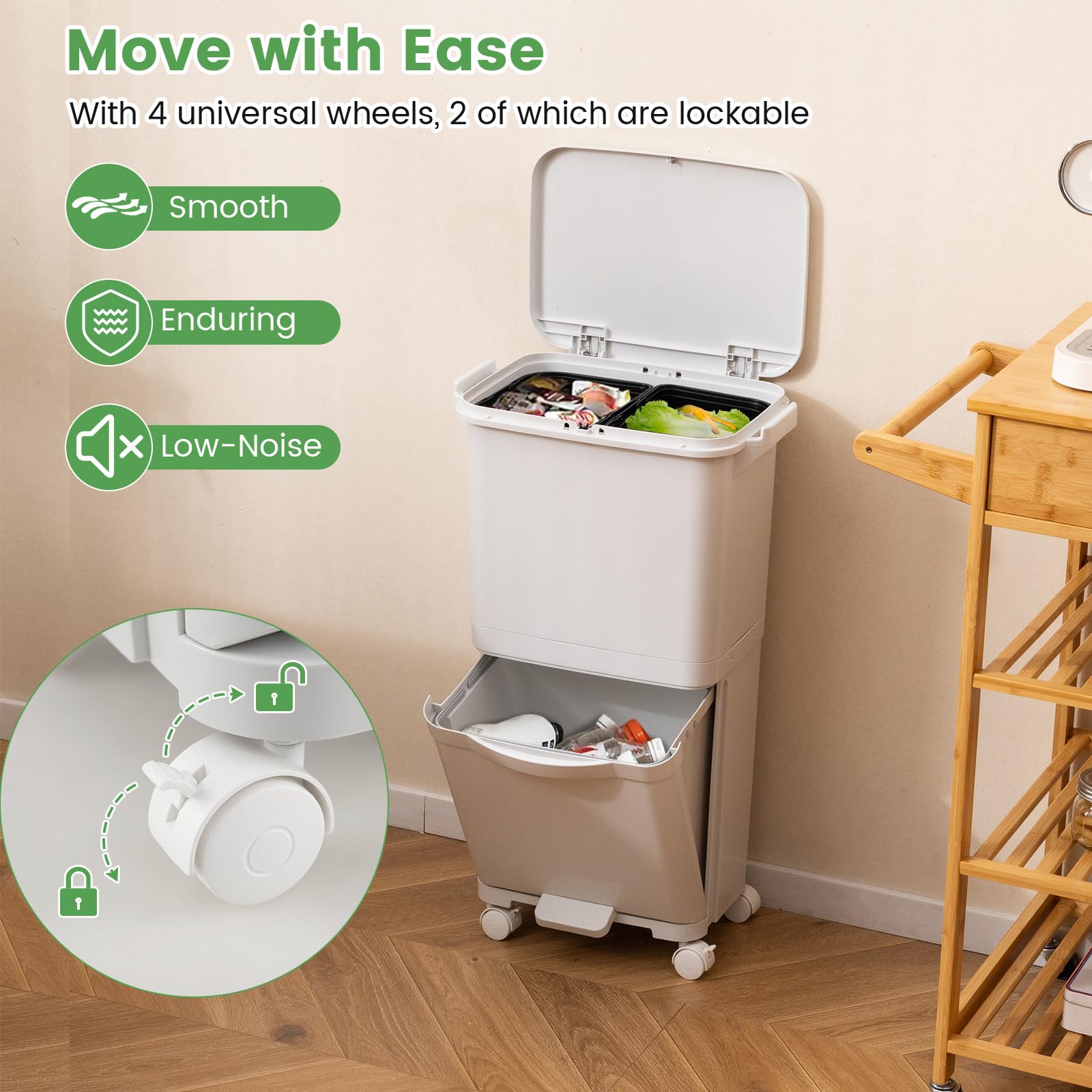 LIFEZEAL Cubo de Basura de Reciclaje 40L, Cubo de Basura Cocina de 3 Compartimentos con Balde Interior, Contenedores de Reciclaje de Pedal con inferior basculante, 42 x 28 x 73.5 cm