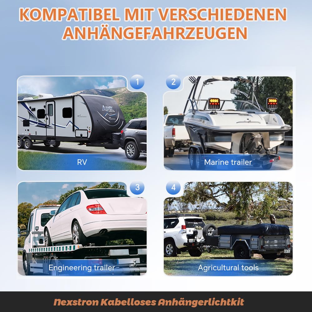 12/24V Solar kabellose magnetische LED Anhänger Rückleuchten Set, Bluetooth, 7-pol Stecker & USB-C, IPX6 wasserdichte Heckleuchten mit Doppelstahlseilen, für Anhänger LKW Wohnwagen Traktor | 7-poliger Stecker & USB-C, IPX6 wasserdichte LED-Rücklichter mit