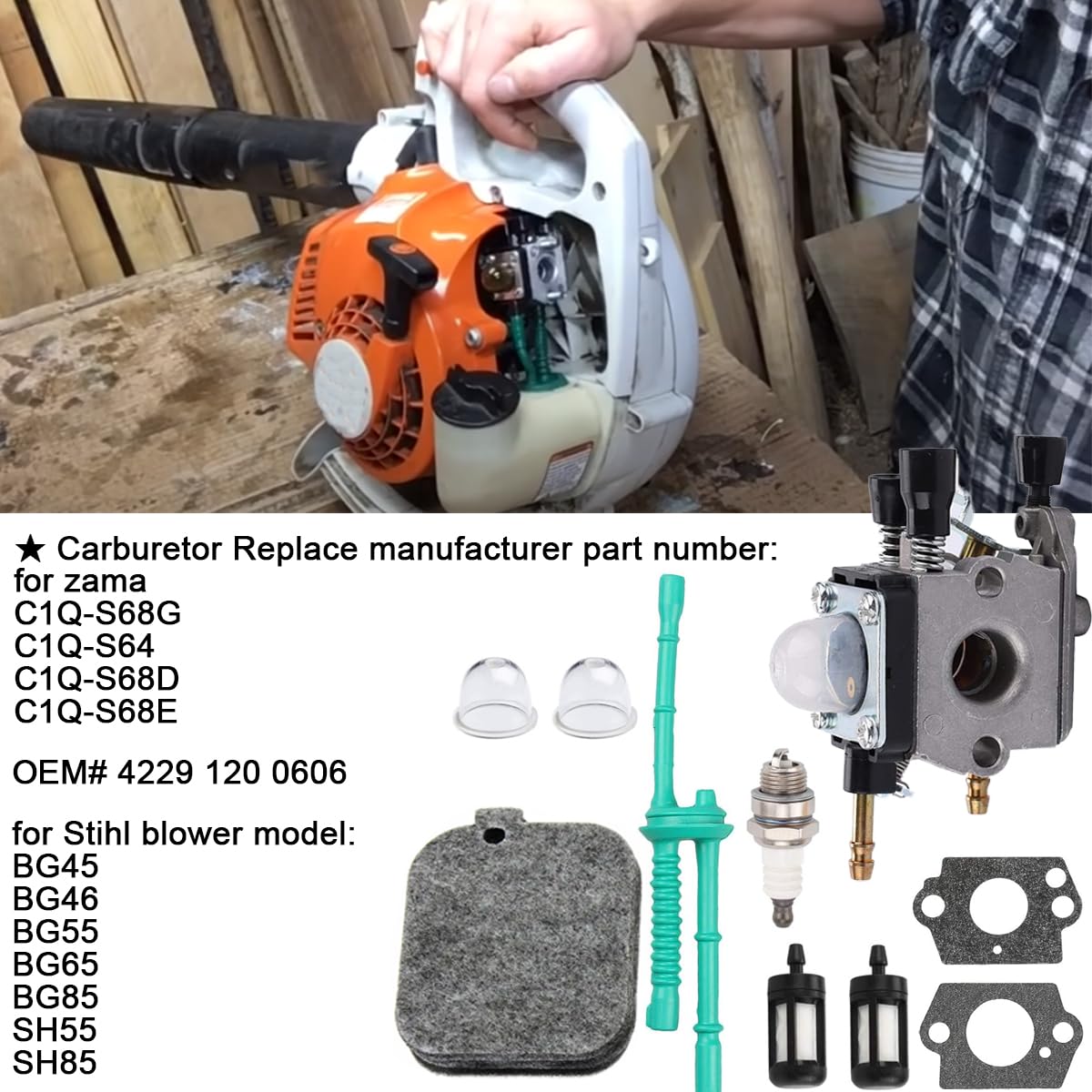 ZAMDOE C1Q-S68G Carburateur pour Stihl BG45 BG46 BG55 BG65 BG85 SH55 SH85 souffleuse à Feuilles C1Q-S68 4229 120 0606 Carburateur, Kit de Mise au Point avec Joint de Filtre à Carburant