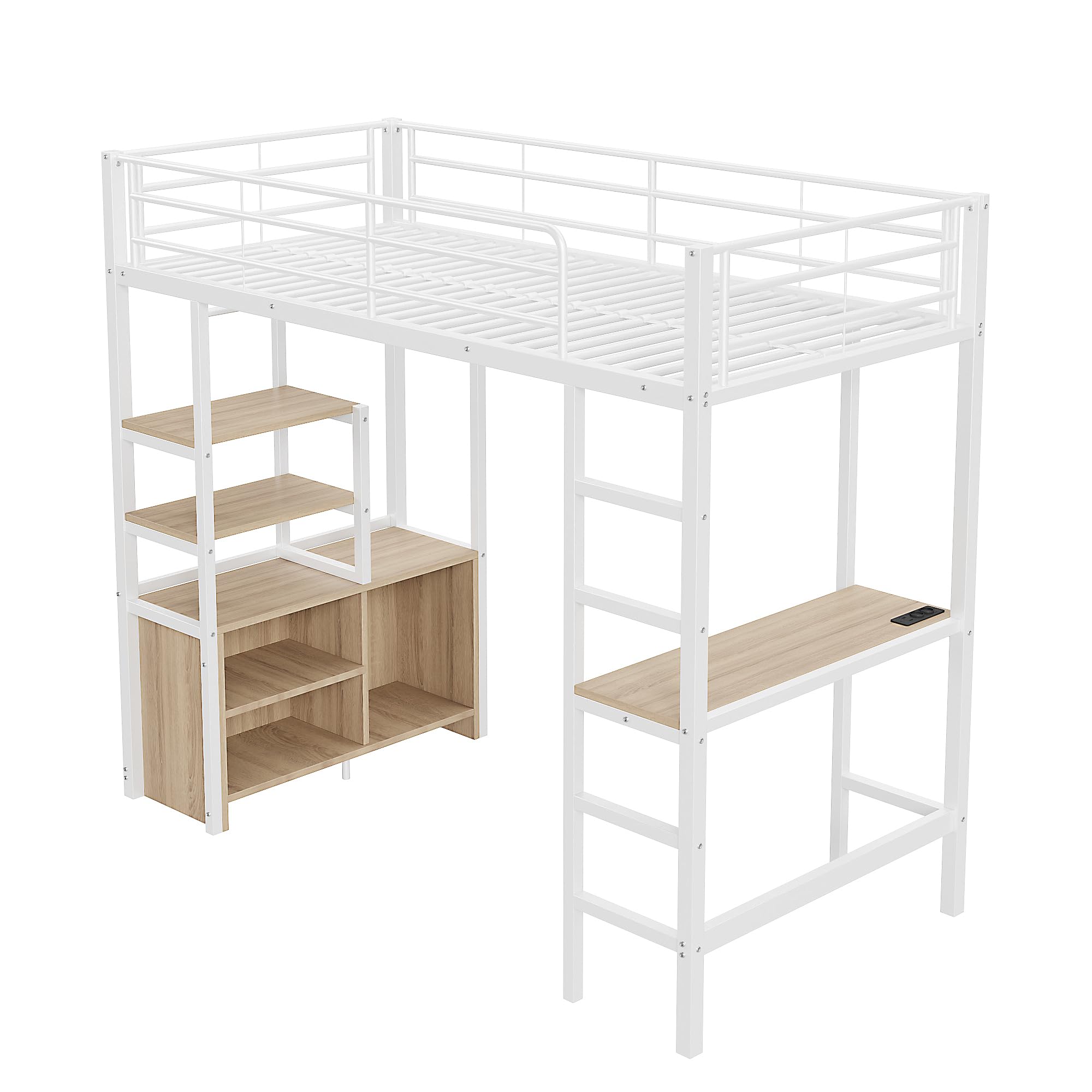 Merax Kinderbett Hochbett 90x200, Etagenbett mit Schreibtisch, Steckdose & USB, Metallbett mit Kleiderschrank und Regale, Bettgestell(ohne Matratze) für Kinder und Erwachsene, Weiß