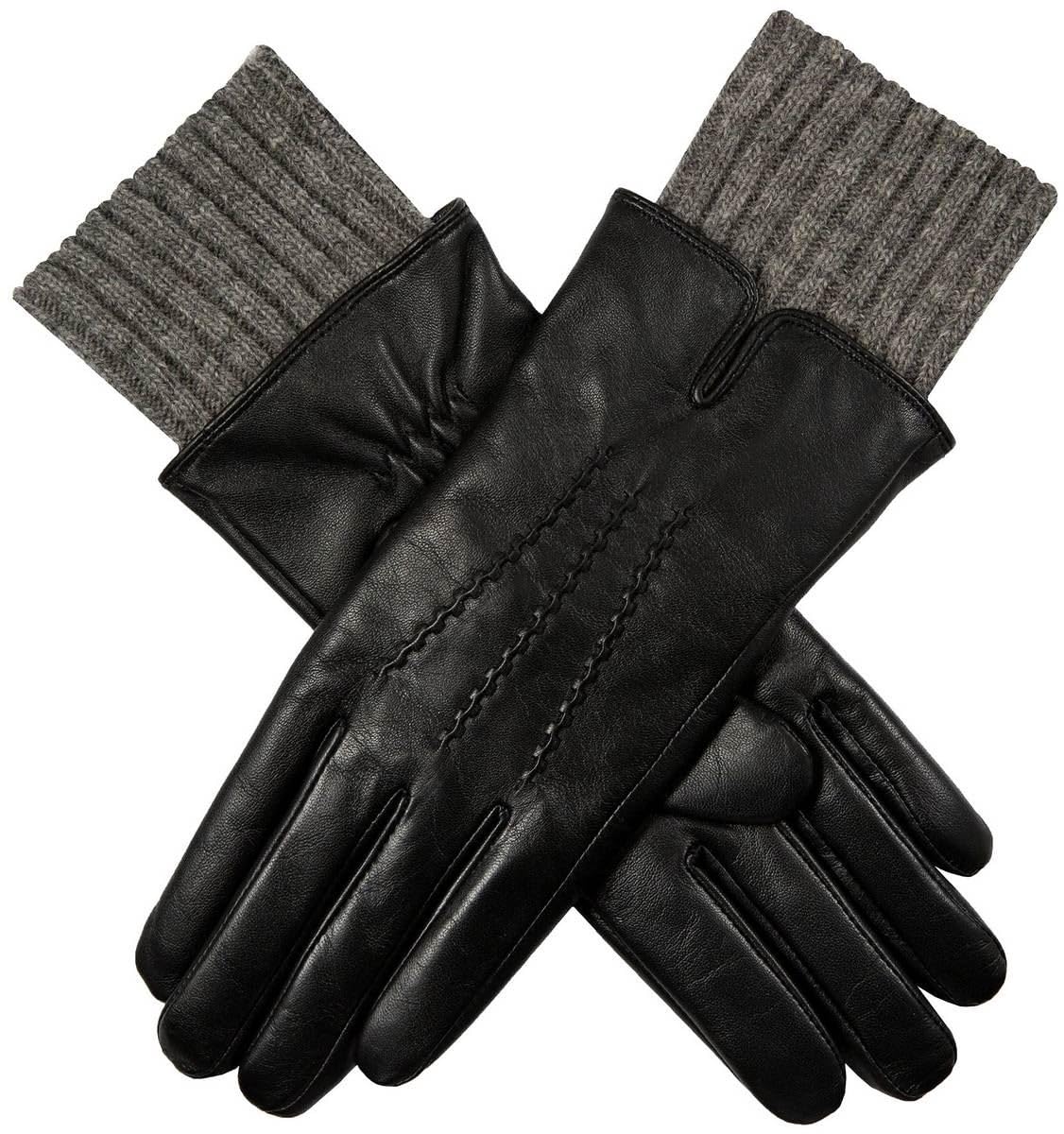 Dents Women's Black Tamara Knitted Cuff Leather Gloves - /Charcoal - Medium