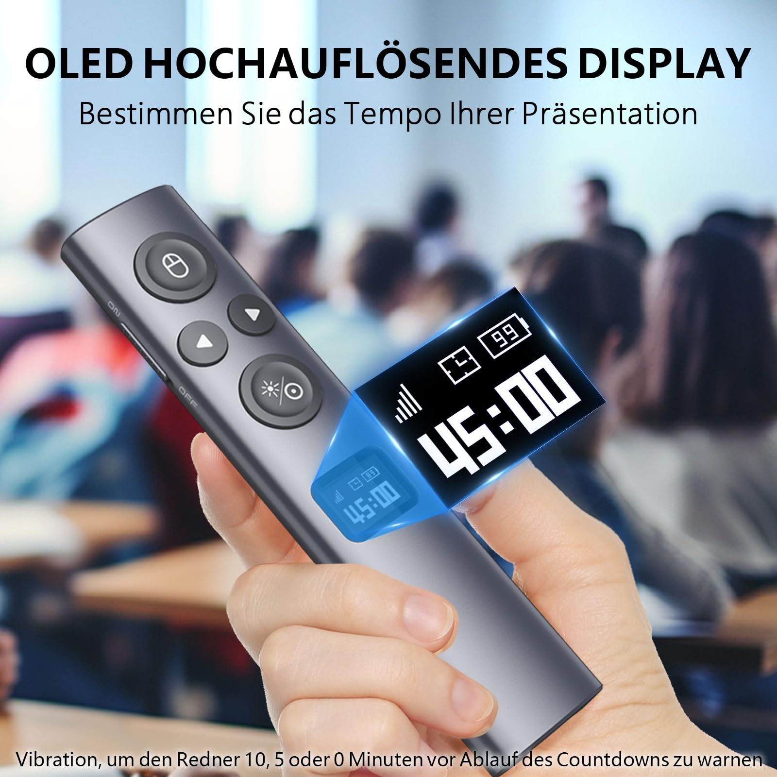 Norwii N95s BLE Präsentations-Fernbedienung mit digitalem Zeiger für PowerPoint-Präsentationen auf TV/Projektionsflächen, drahtlose Presenter-Fernbedienung mit Countdown-Timer (Grün - USB-AC)
