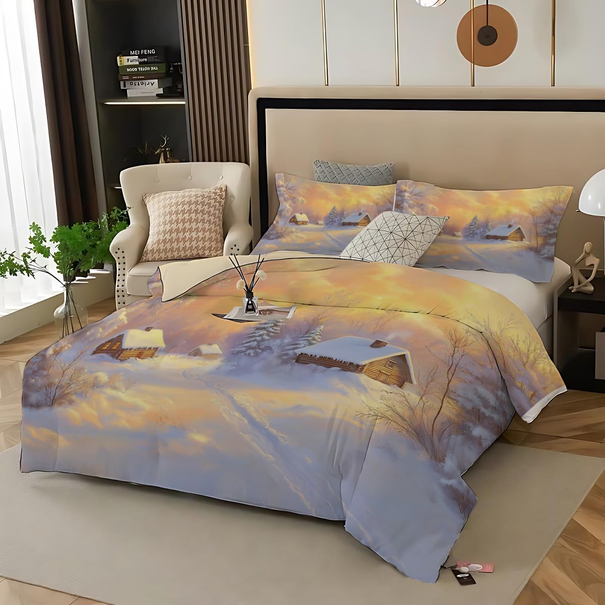 Parure de lit King en microfibre douce avec housse de couette forêt d'hiver reversible