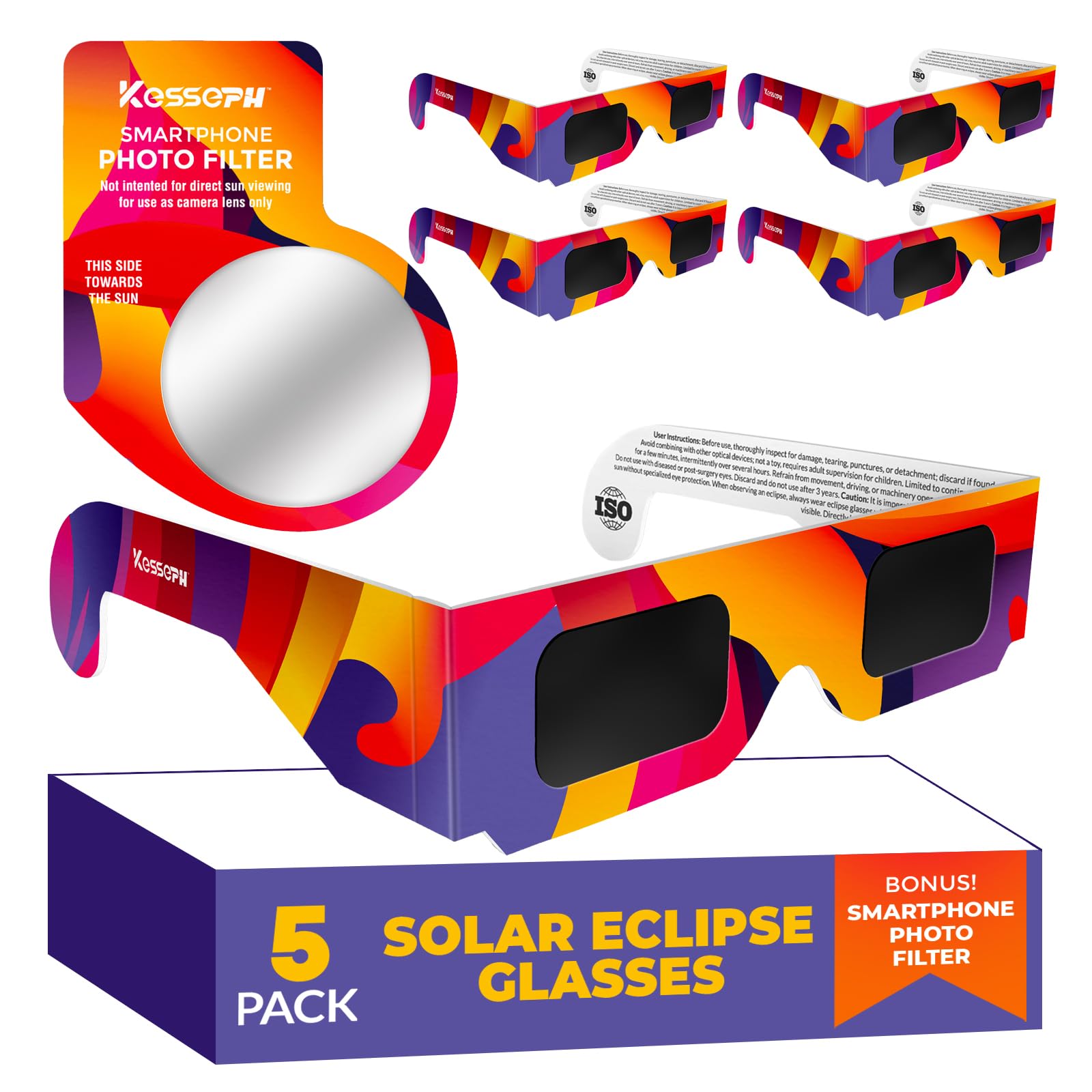 Solar Eclipse Glasses Approved 2024, (5 Pack) CE and ISO Certified Solar Eclipse Observation Glasses, Safe Shades for Direct Sun Viewing, Bonus Smartphone Photo Filter Lens, colorful wave design