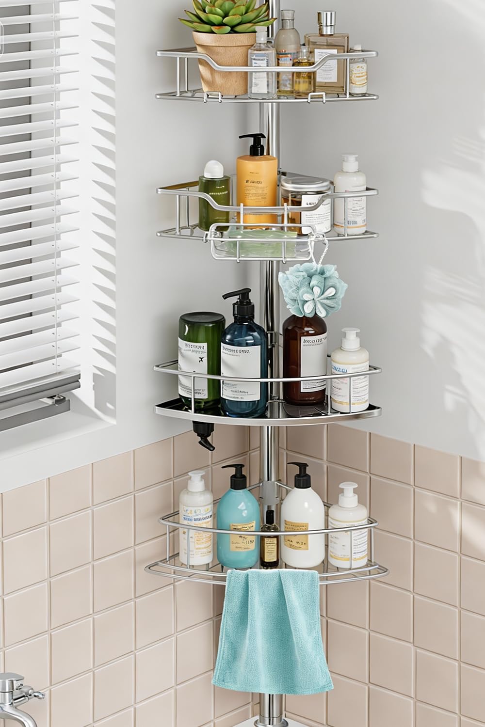 Dimyno Telescopic Shower Caddy Corner, No Drill 4 Tier Shower Corner Shelves, Large Capacity Adjustable Bathroom Shower Organizer with Tension Rod for Renters Apartment - Silver