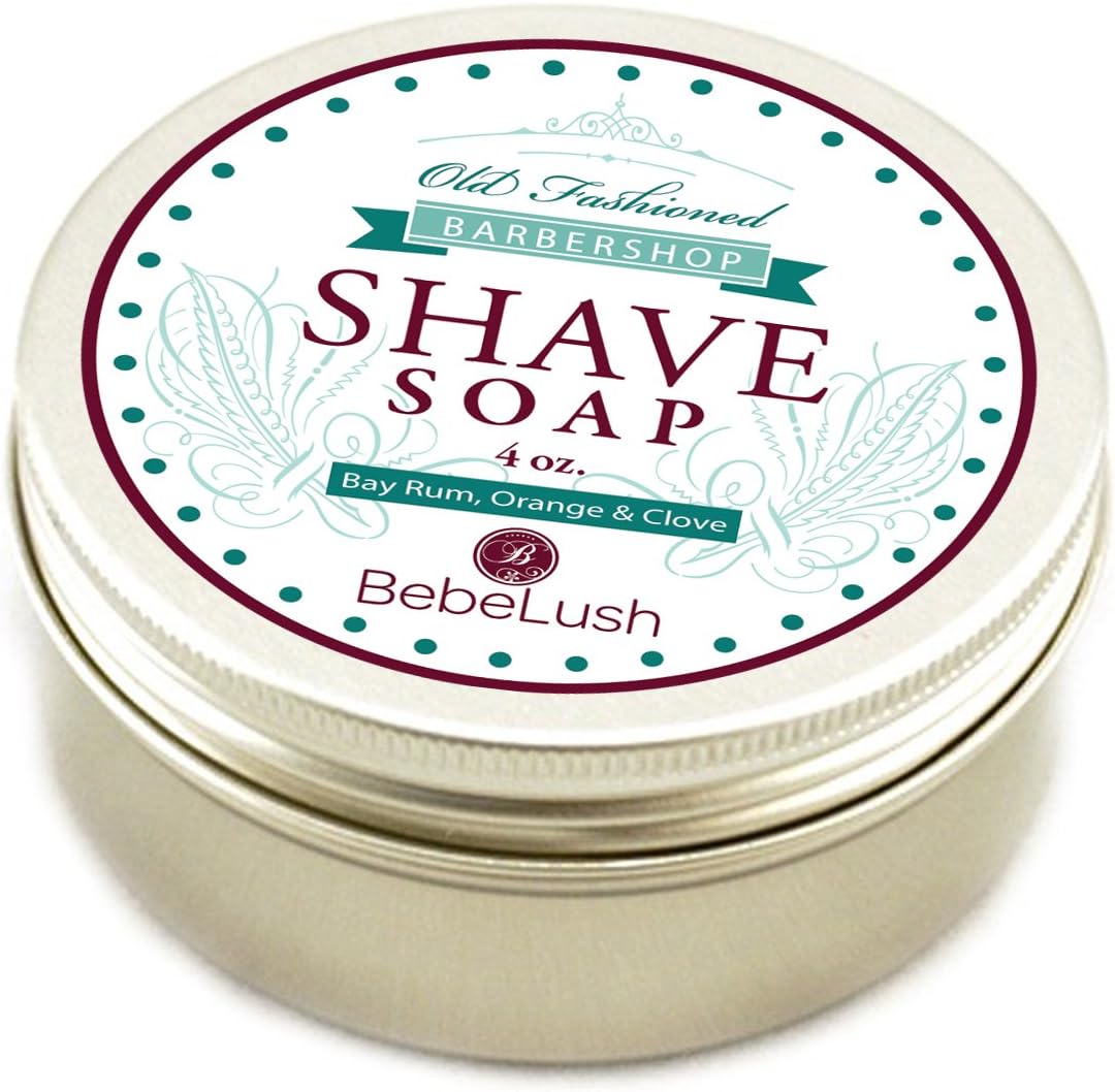 Barbershop Shave Soap Bar in a Jar - with Shea, Mango and Cocoa Butter - 4 Oz. - Rich, Moisturizing and Healing - Perfect for Smooth Shaving - Bay Rum, Orange and Clove Scent - Old Fashioned for a Luxurious Experience - Made in USA