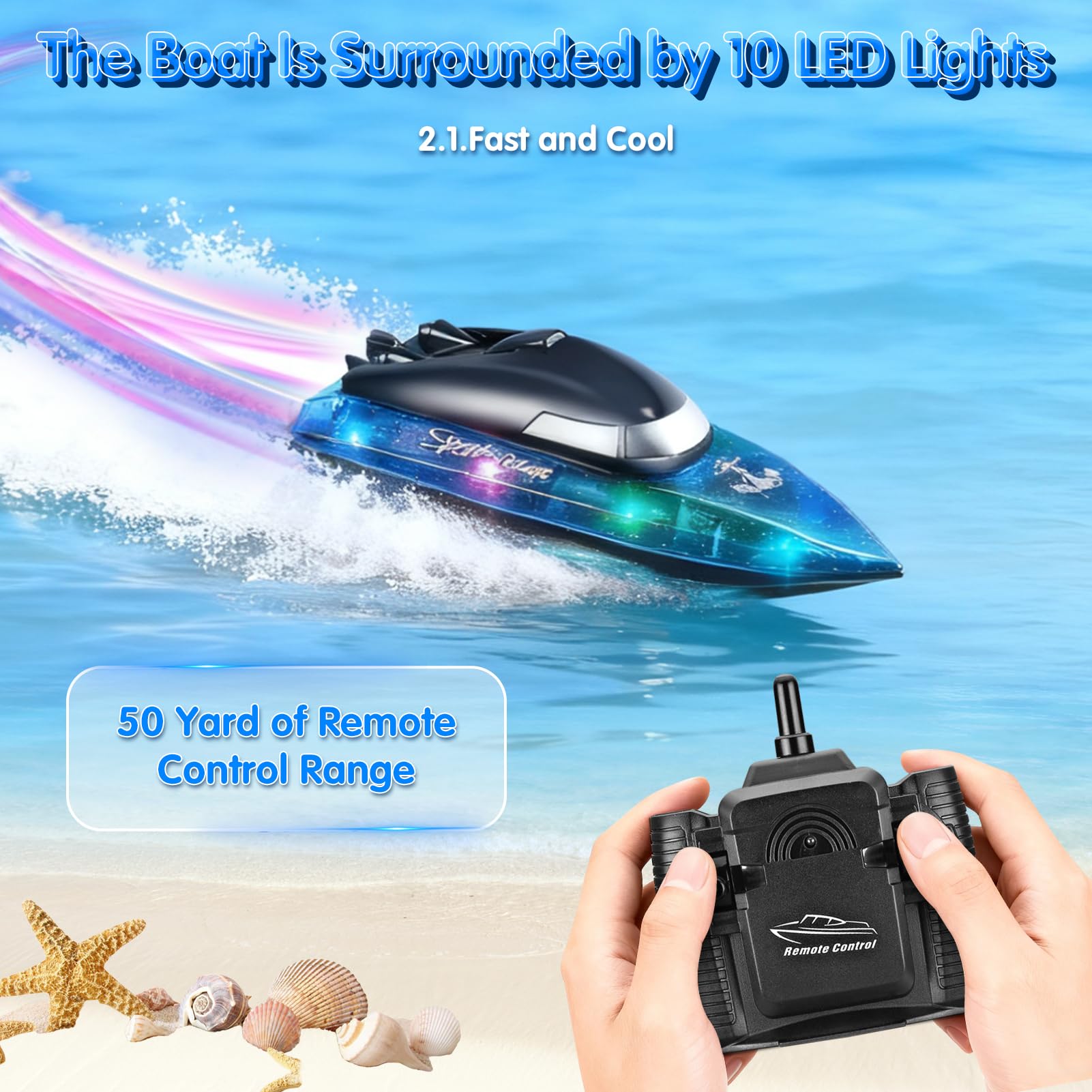 RC Boat with 1800mAh Battery, Transparent Remote Control Boat with 10 LED Lights, Auto Flip 2.4 GHz Double Waterproof Racing Speedboat Toy for Kids and Adults, Gift for Boys Girls for Lake & Pool