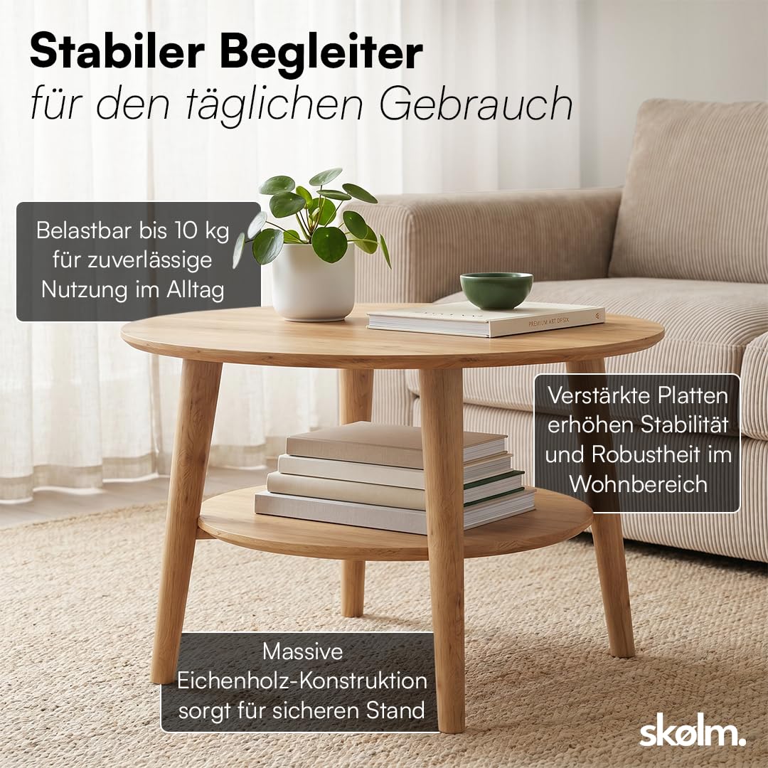skølm Mjölnir Couchtisch rund Ø70 cm – Wohnzimmertisch aus Eiche Massivholz – Sofatisch mit 2 Ablagen – kleiner Beistelltisch Natur geölt – Holztisch Wohnzimmer mit Stauraum – Coffee Table