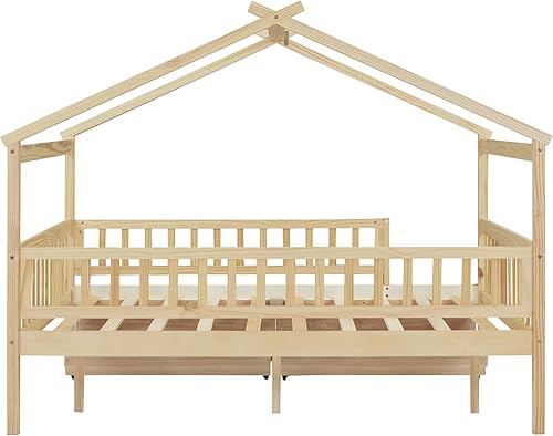 Miniatura 227 de Merax Cama de madera de tamaño individual con dos cajones, marco de cama de madera con techo para niños, adolescentes, niños o niñas, gris