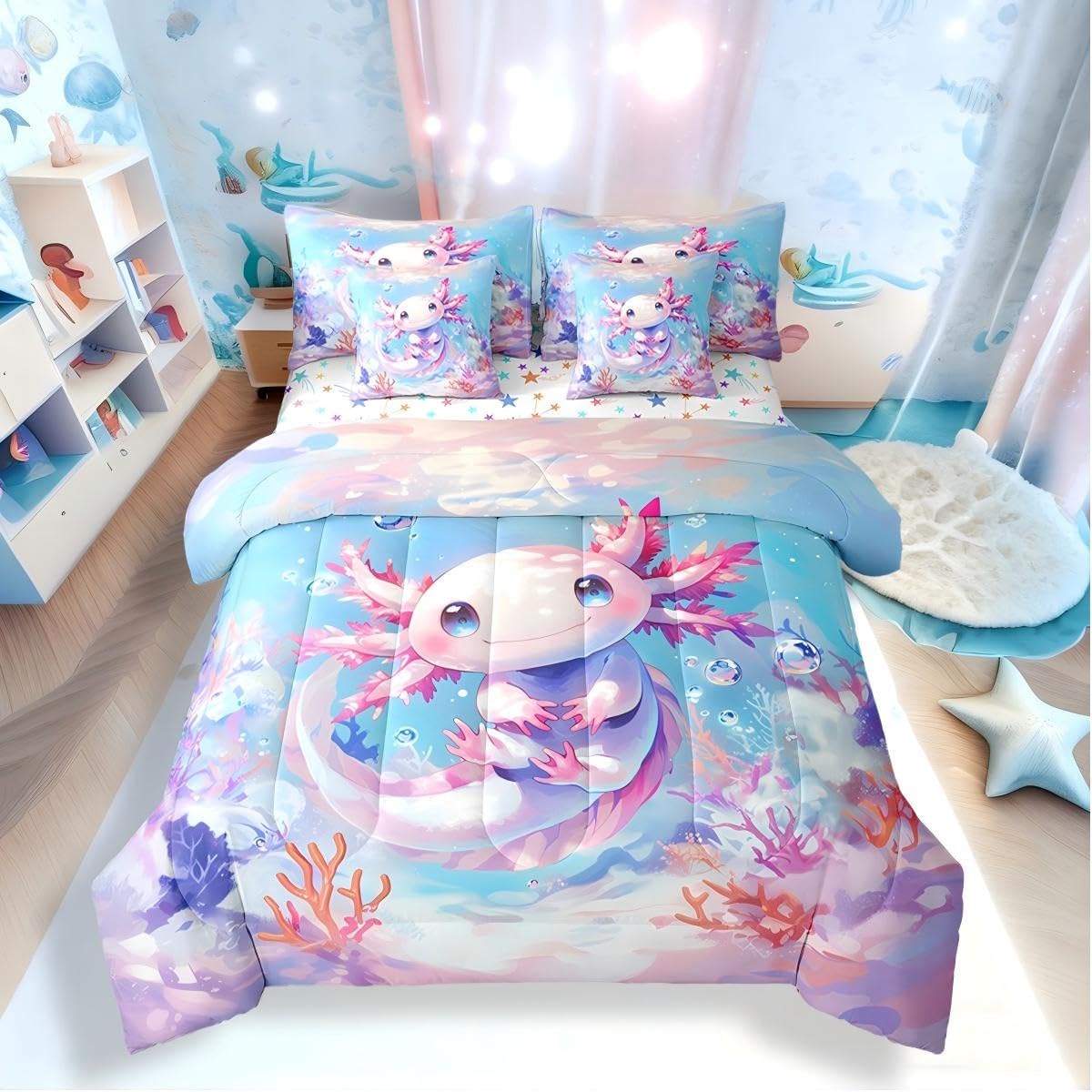 Erosebridal 7 Pieces Teen Girl Axolotl Bedding Set Twin Size - Kids Cute Axolotl Comforter Set with Sheets Cartoon Ocean Sealife Bed in A Bag with Flat Fitted Sheets Kawaii Salamander Bed Sets