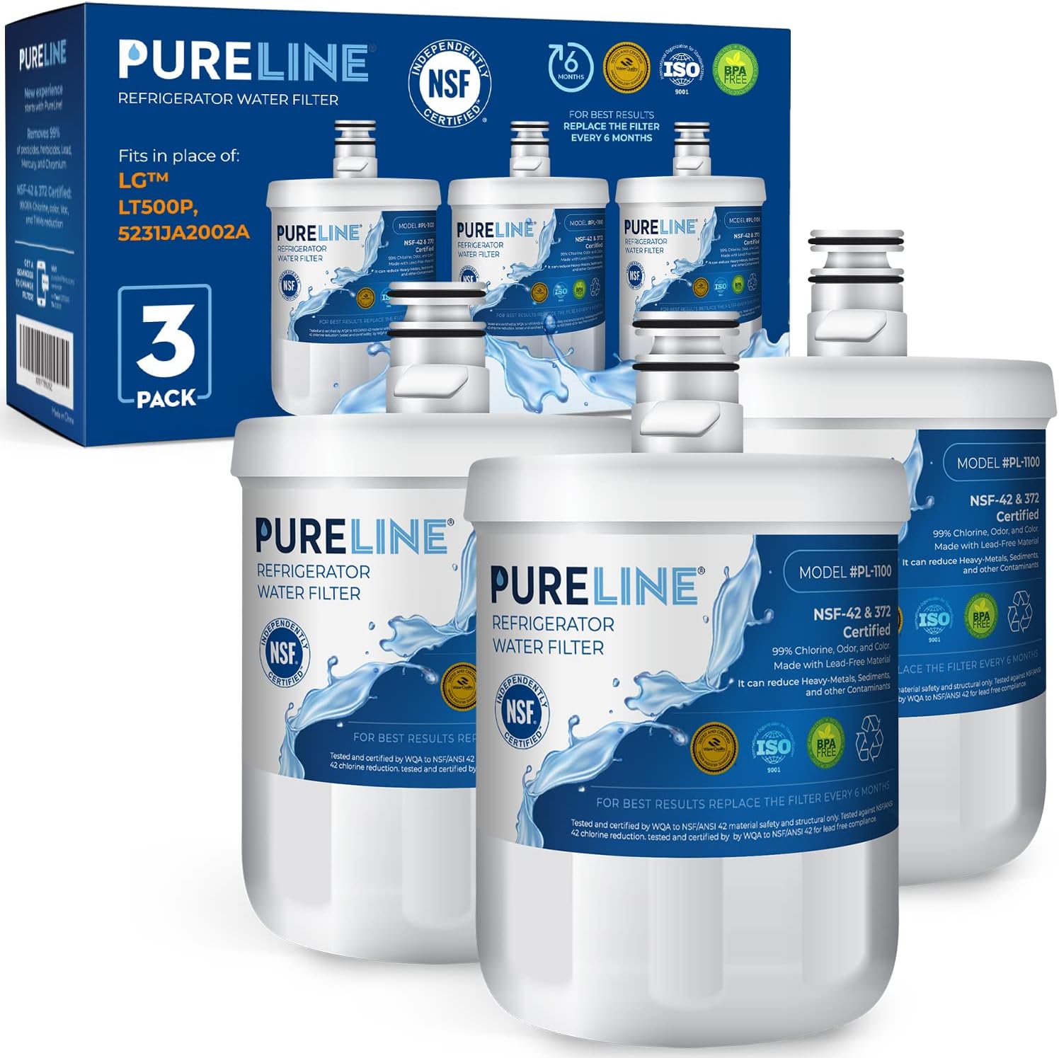 Pureline Water Filter Replacement for LG® LT500P®, ADQ72910911, 5231JA2002A, GEN11042FR-08, LFX25974ST Kenmore 9890, 46-9890 Refrigerator Water Filter (3 Pack)