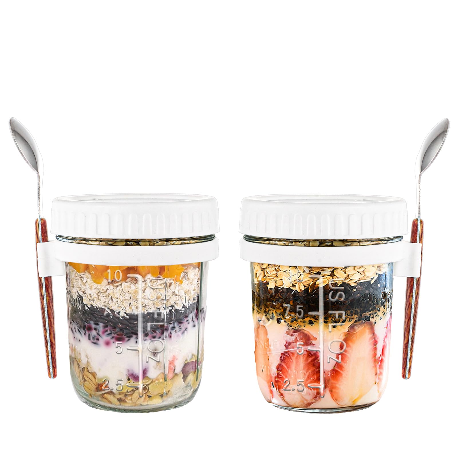 ASelected 2 PCS Overnight Oats Jars, 12OZ Overnight Oats Container with Lid and Spoon, 350ml Oatmeal Storage Container with Measurement Marks For Cereal, Milk, Salad, Vegetable and Fruit