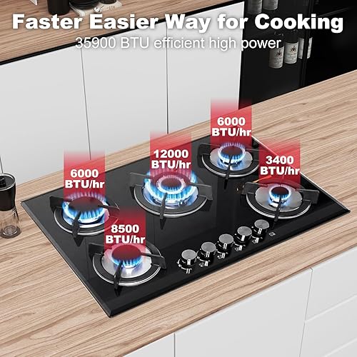 Miniatura 2 de Estufa de Gas de 5 Quemadores 76cm, Estufa de Cocina de Gas Integrada con Kit de Conversión NG/LPG, Quemador de Gas de Tapa de Vidrio (76cm x 52cm)