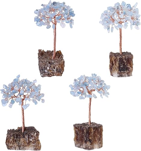 Miniatura 3 de rockcloud Árbol de cristal de aguamarina hecho a mano con base de racimo de calcita ámbar, árbol de dinero, piedras rodadas, árbol bonsái, adorno de