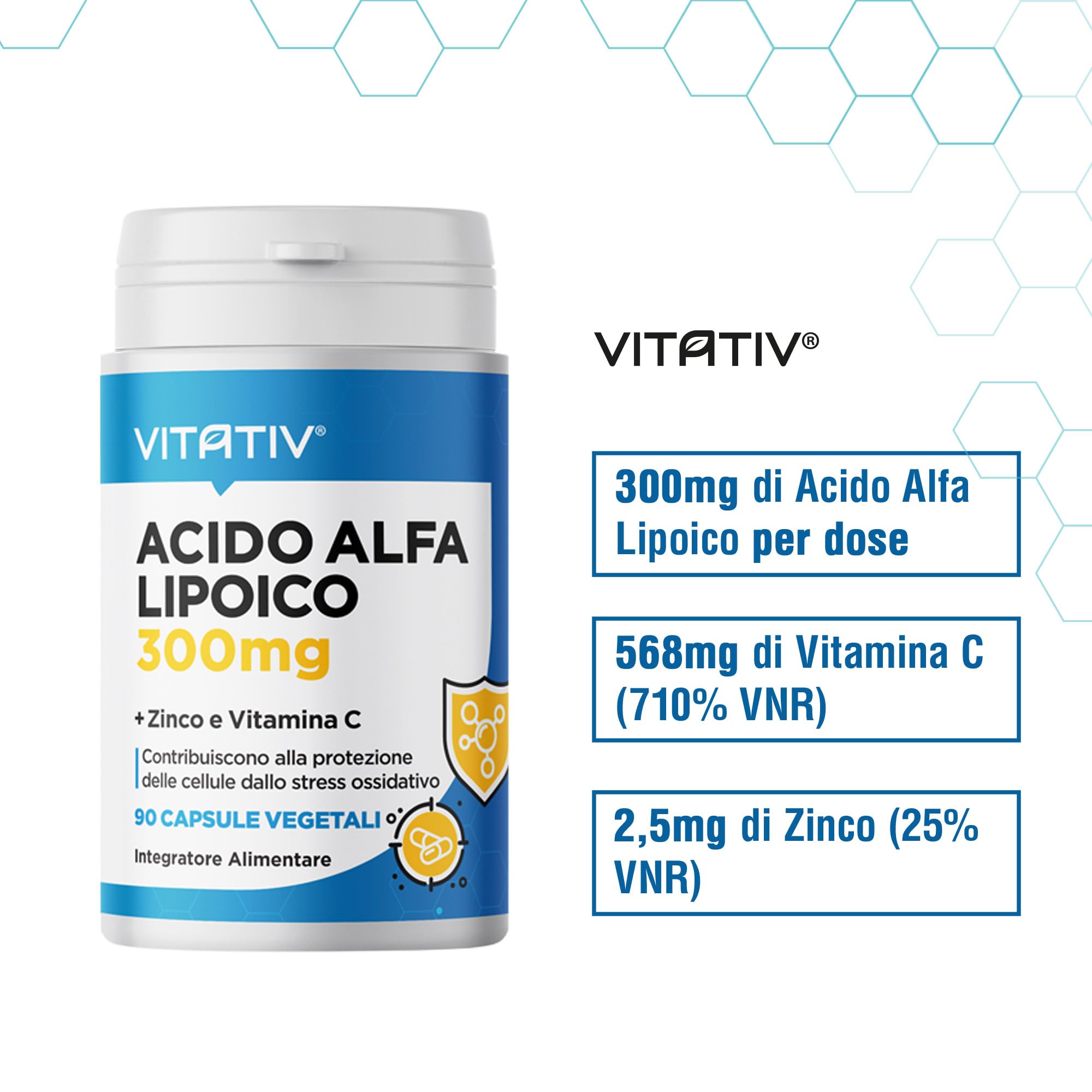 VITATIV Acido Alfa Lipoico ALA 300mg + Vitamina C e Zinco | Antiossidante | 90 Capsule Vegetali | Made in Italy