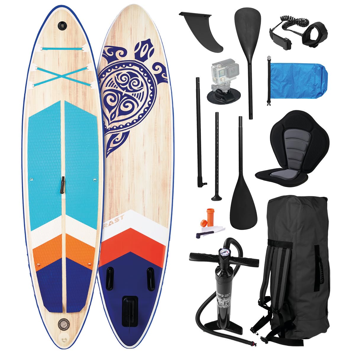 BRAST SUP Board Wood | Aufblasbares Stand up Paddle Set | 320x81x15cm | 2 Designs | 5 Jahre Garantie | inkl. Sonderzubehör | 2in1 Paddel Kajak-Sitz Action-Cam-Halterung Fußschlaufe