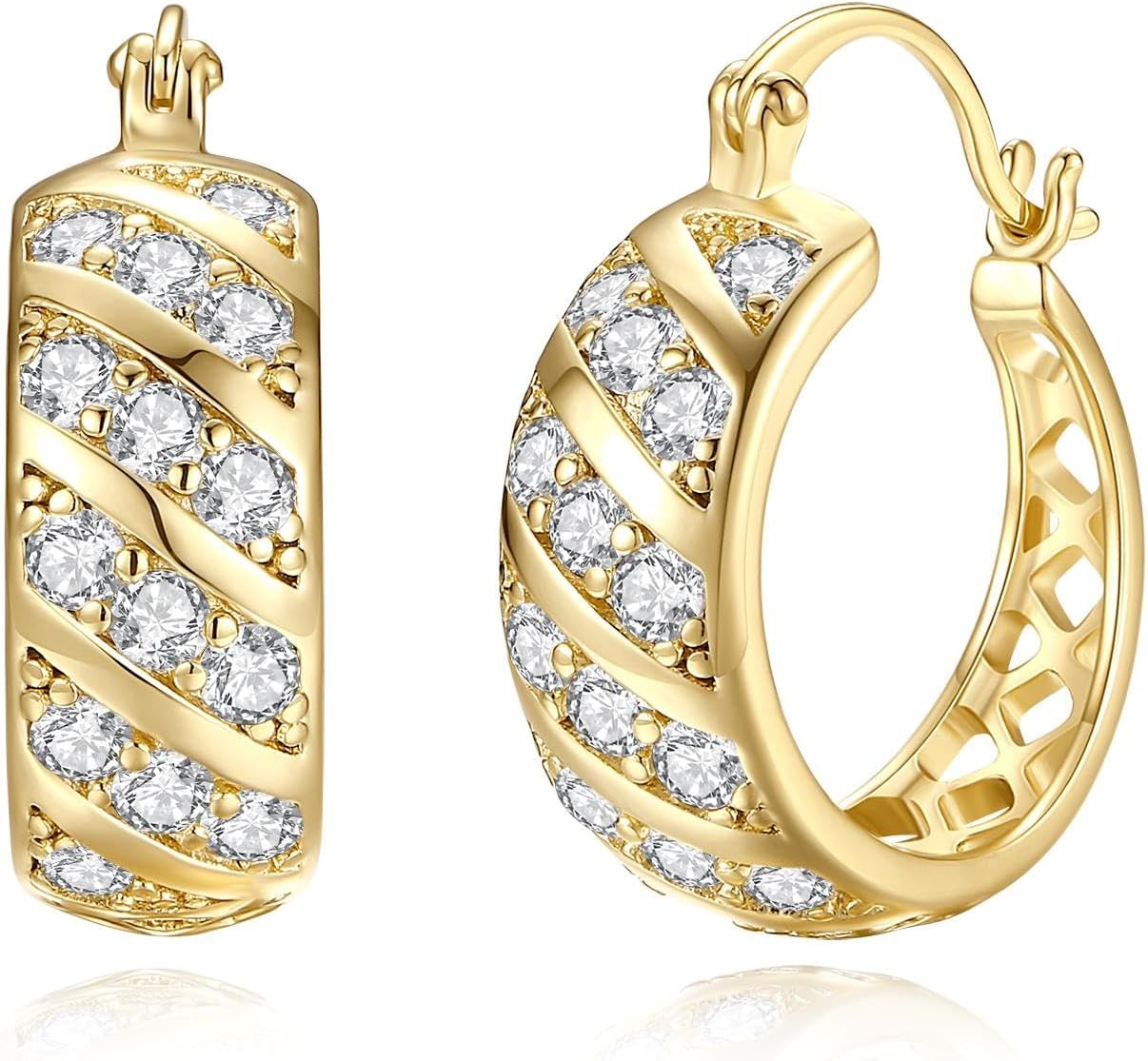 Gold Earrings 14K Gold Hoop Earrings for Women Cubic Zirconia Earring for Womens Textured Surface with Raised Stripes Wedding Hoop Earring for Women