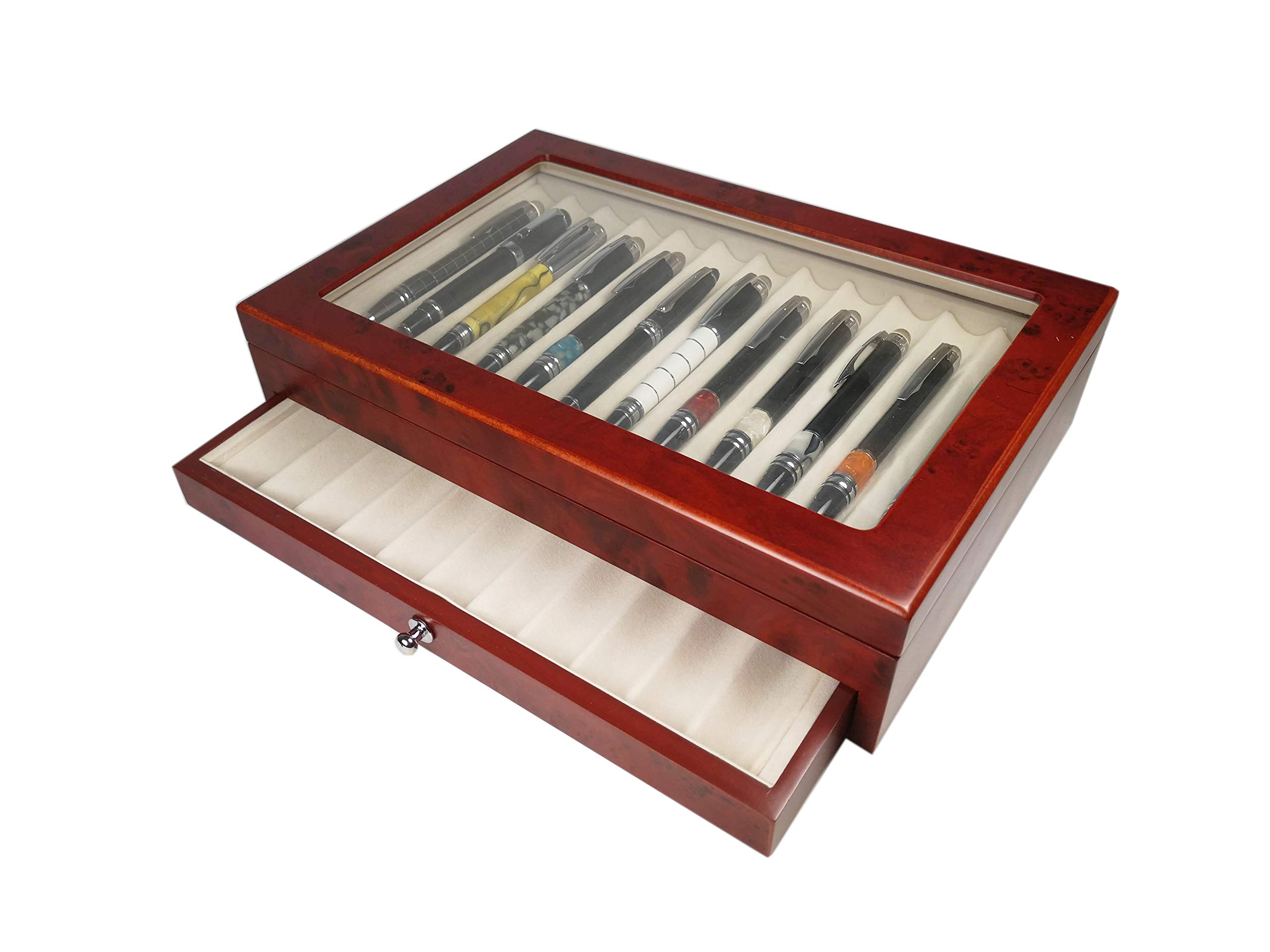 MR Maestro Relojero - Vitrina Colección para 23 Estilográficas | Caja Organizadora de Estantería | Almacenamiento Plumas, Lapiceros | Bolígrafos Bonitos | Caja para Colección, Madera de Cerezo