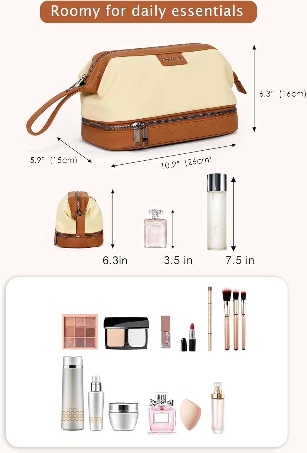 Double-Layer Toiletry Bag, Water-Resistant Hybrid Leather Cosmetic Organizer with Wet/Dry Compartments, 26x15x16cm (Cream, Double layer)