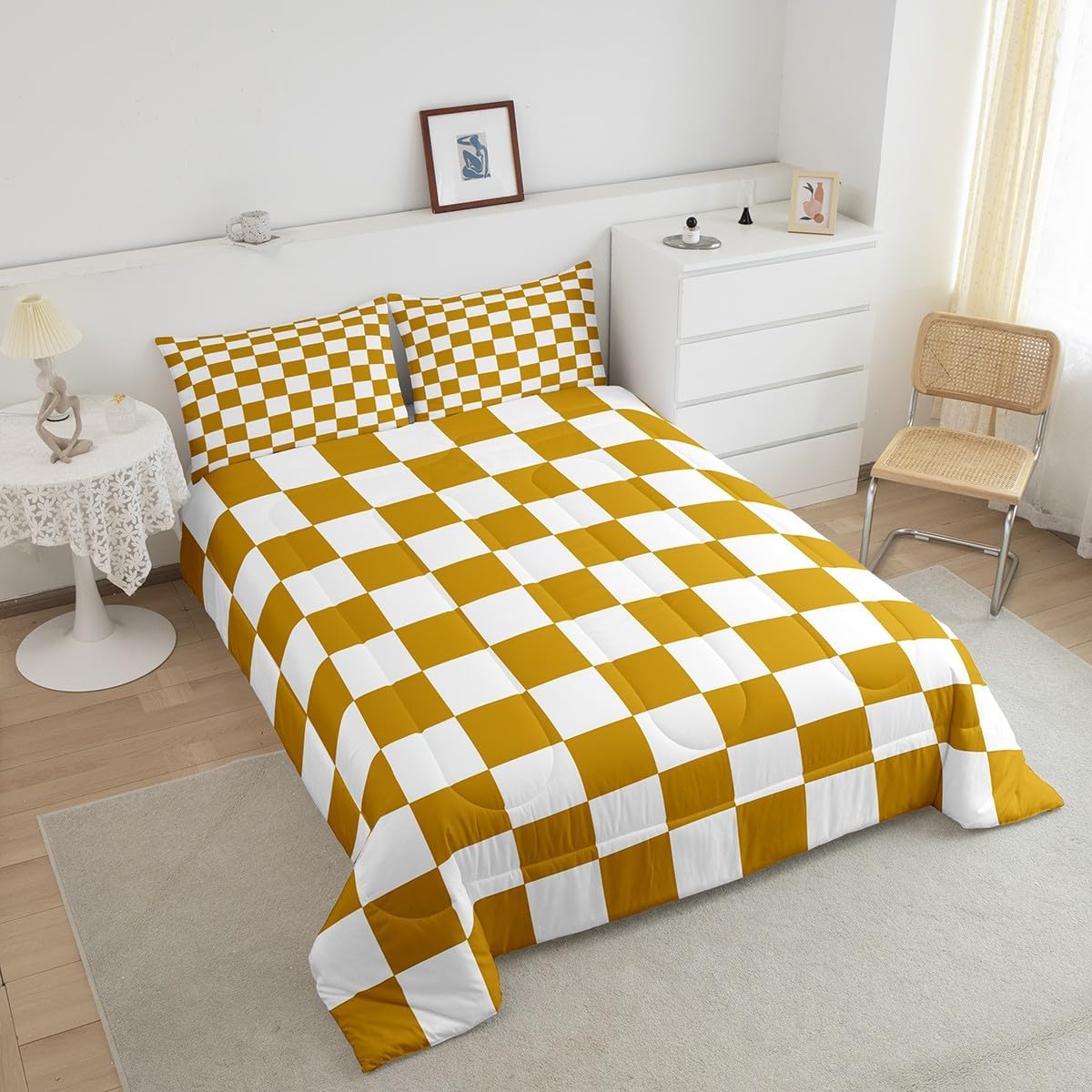 Feelyou Checkered Bedding Set Teen Women Men Yellow White Plaid Decoration Comforter Set Twin Size Kids Boys Girls Cute Retro Neutral Grid Geometric Duvet Insert Vintage Aesthetic Room Decor