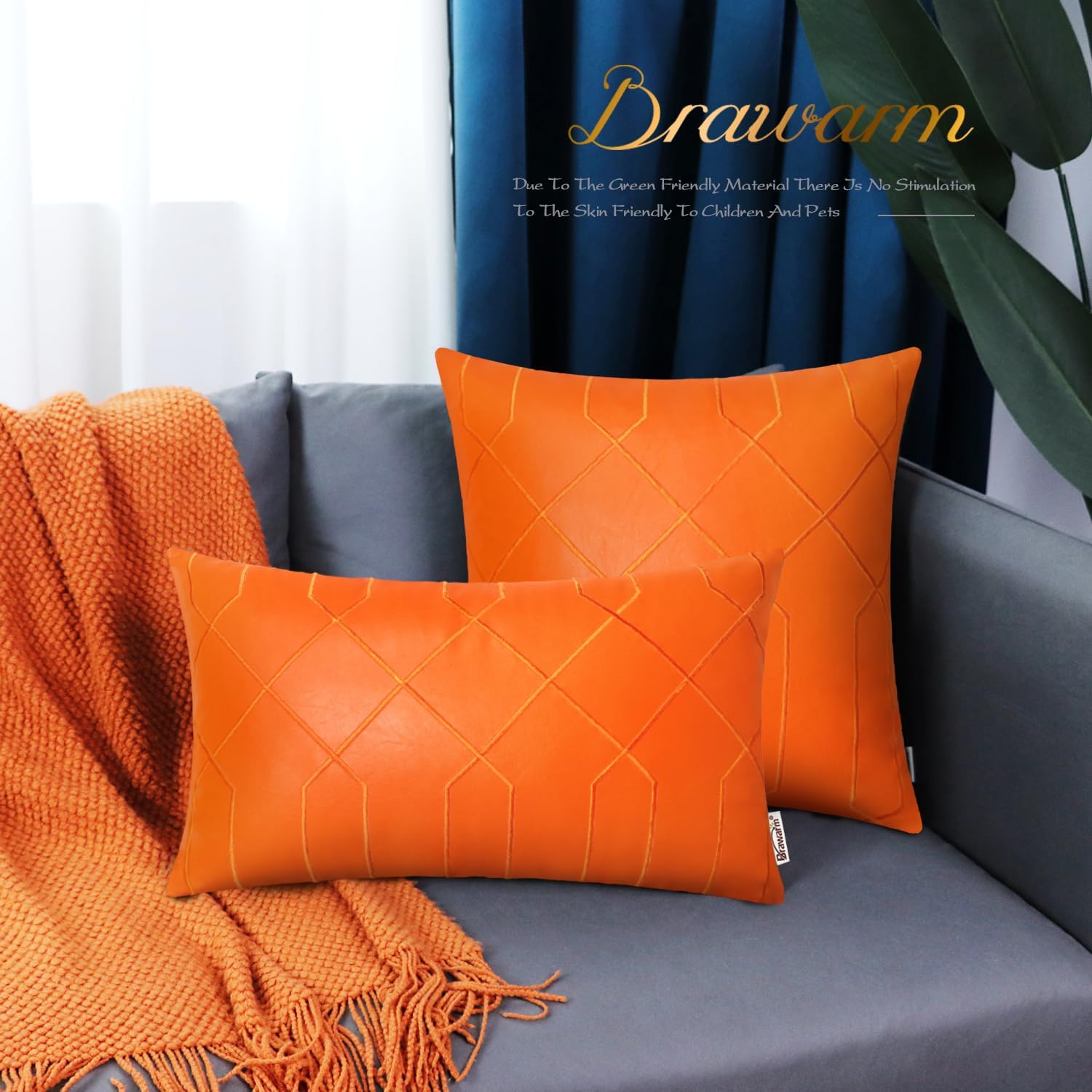 BRAWARM Leather Pillow Covers 22 X 22 Inches - Orange Faux Leather Pillow Covers Pack of 2, Geometric Embroidery Leather Decorative Throw Pillows for Living Room Couch Bed Sofa Home