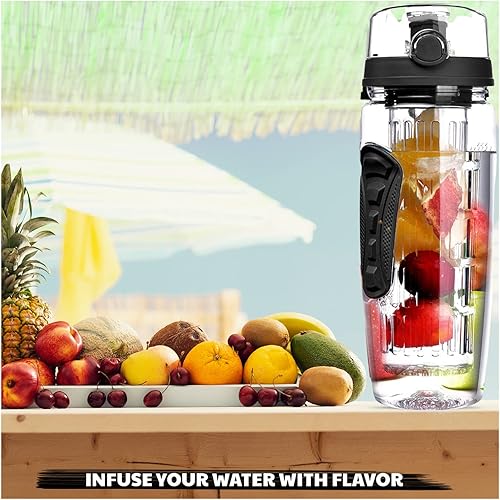 Miniatura 9 de Botella de agua con infusor de frutas (32 onzas), ecológica, sin BPA, botellas de agua difusoras de plástico a prueba de fugas con filtro, agarre