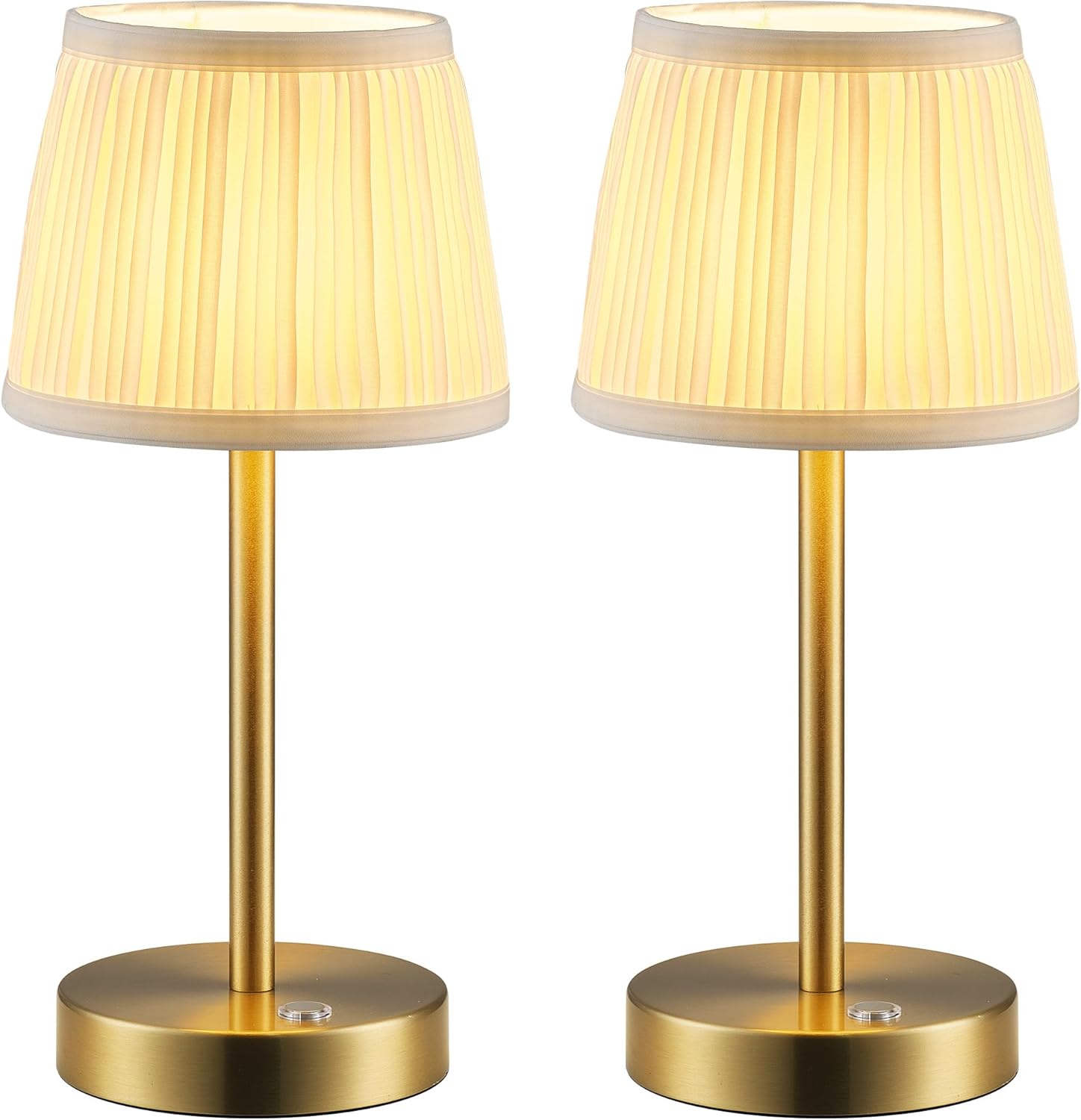 PUSU 2 Pack Cordless LED Gold Table Lamps, Rechargeable 4000mAh 3 Way Dimmable Bedside Small Lamp with Fabric Shade, Lighting for Bedroom, Kids Room, Bathroom, Kitchen, Decor, Gift, Night Light Gold + Beige Lampshde (2 Pack)