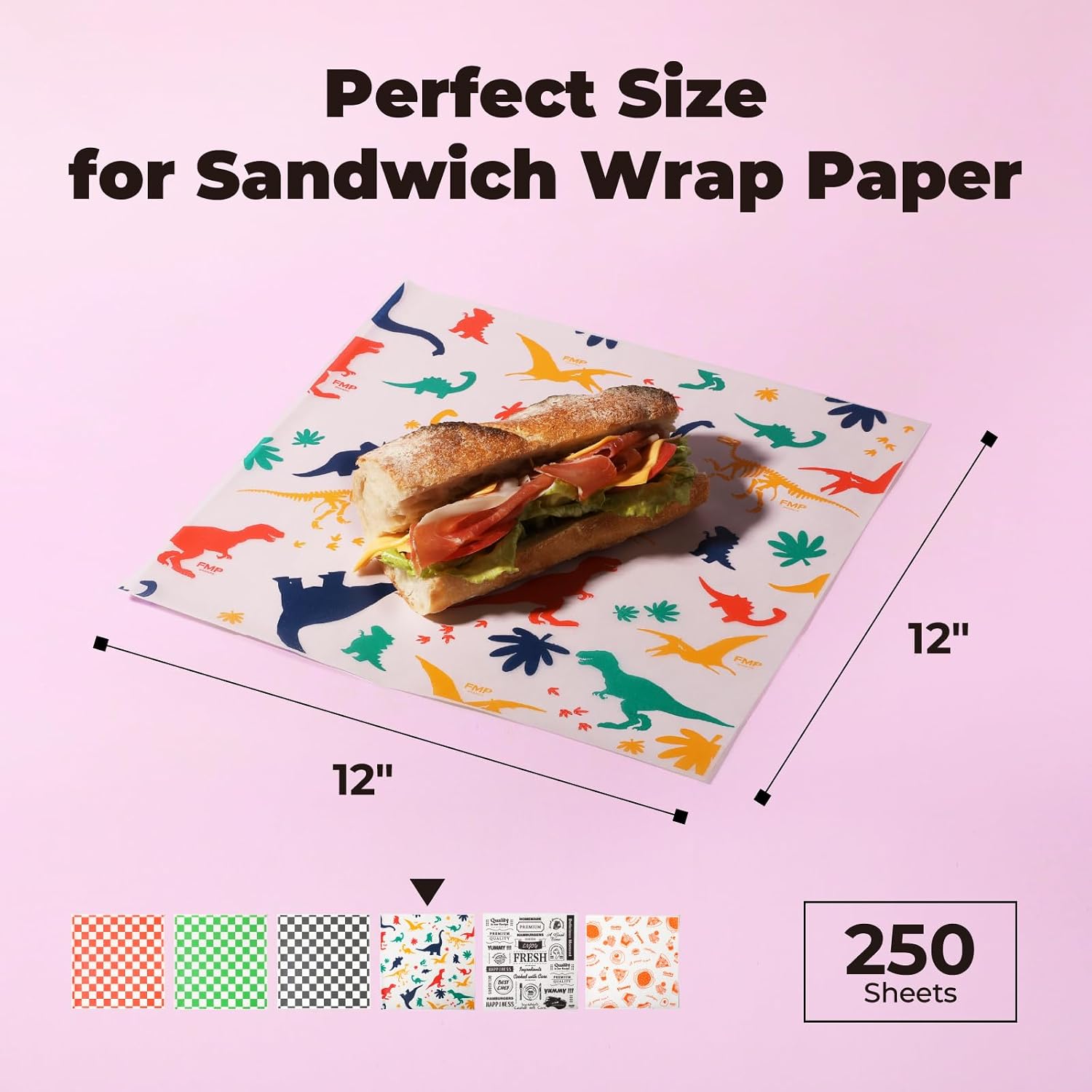 Fit Meal Prep Deli Paper Sheets, Dinosaur Dry Waxed Paper for Kids, Waterproof Sandwich, Grease-Proof Wax Paper for Food Basket, Picnic, Barbecue, Restaurants, Burgers, Fries [250 Sheets] 12x12"