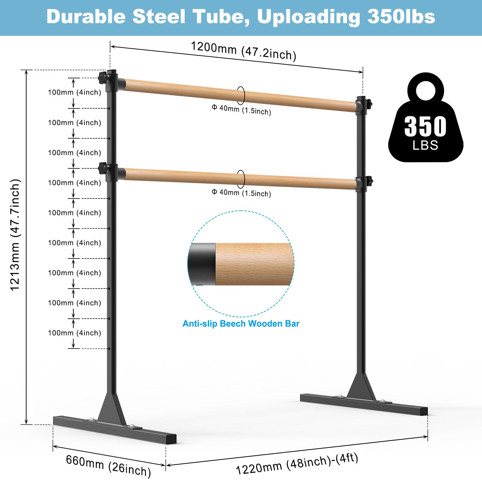 BeneLabel Barra de Ballet Independiente Ajustable en Altura 10 Pulgadas 120x71cm Antideslizante