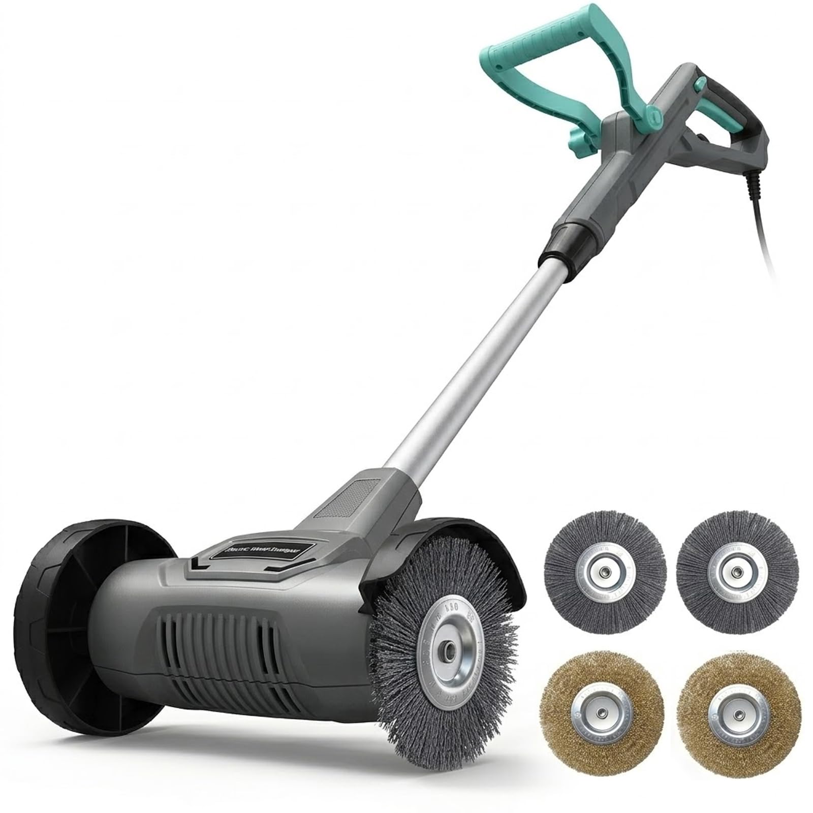 EcoBuild 450W Electric Weed Remover Tool, Corded Patio Cleaner with 4 Brushes, Adjustable Height 83–114cm, 1500RPM Moss & Weed Sweeper for Driveway, Paving, Decking & Patio, 10m Cable