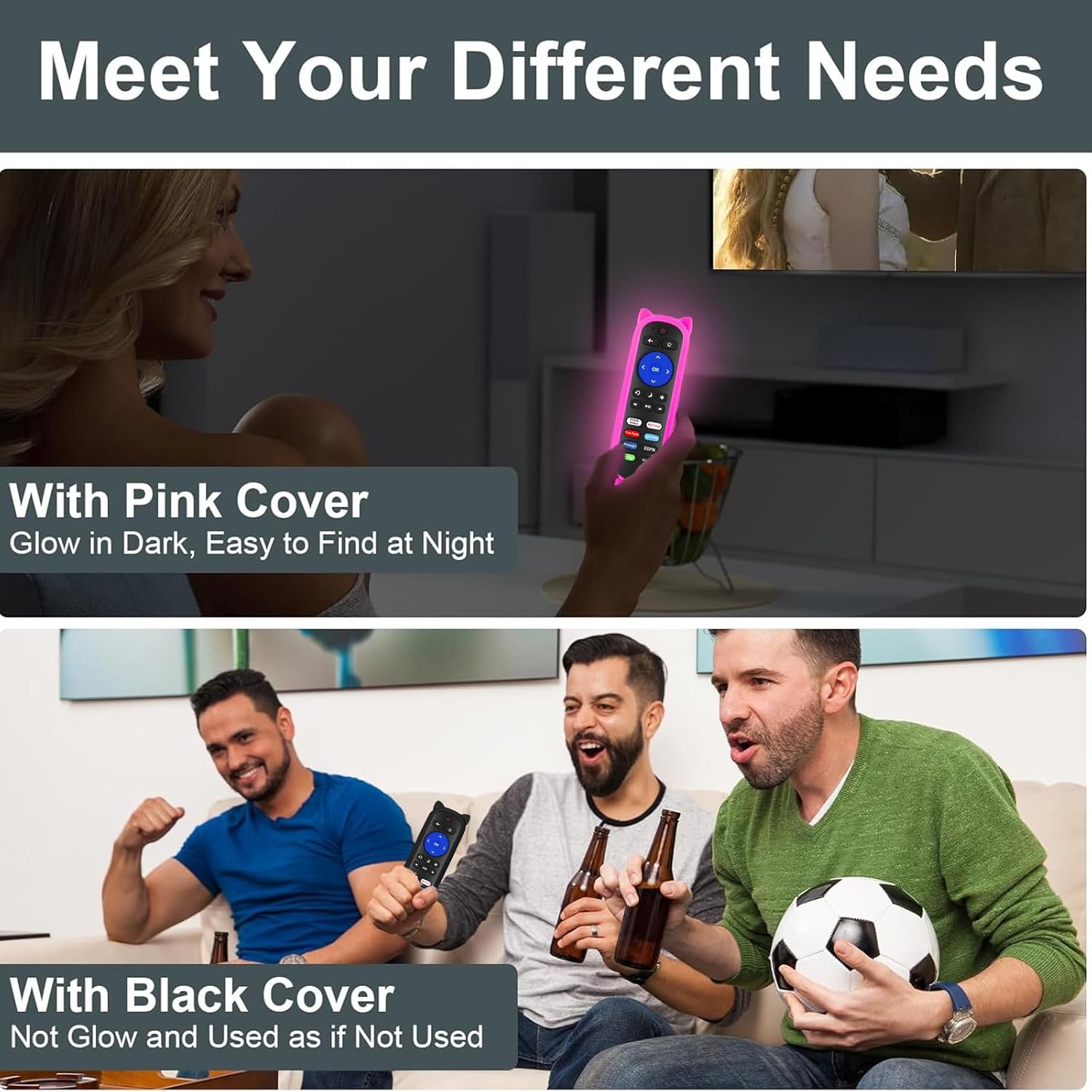 Image showing the remote control with the pink glow-in-the-dark silicone cover in a dark room.