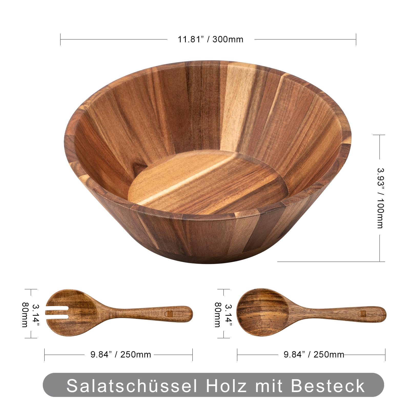 Salatschüssel Holz Set 3-teilig, inkl Salatbesteck,Obstschale, Geschirr,Obstkorb, Holzschale, Bowl Deko Schalen aus Akazienholz vielseitige Servierschale Große Salatschüssel Set