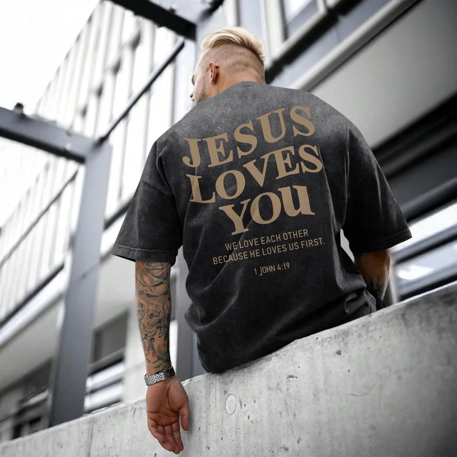 Christian Jesus Loves You Shirts for Men Religious Oversized Graphic Tees Jesus Faith Acid Wash T Shirt God Top - Image 4