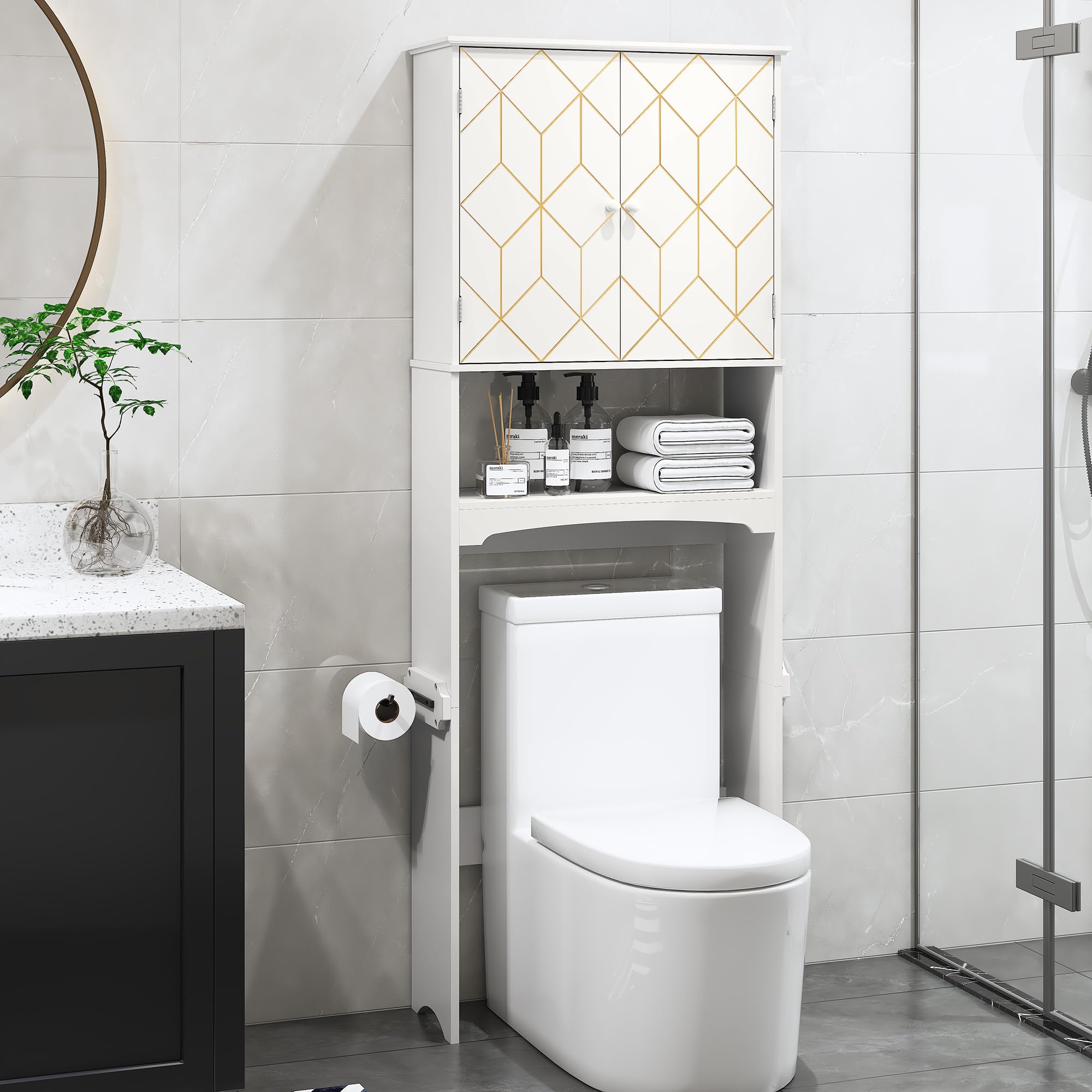 AZODY Over The Toilet Storage Cabinet with Gold Trim, Modern Bathroom Organizer Over Toilet with Adjustable Shelves and Toilet Paper Holder for