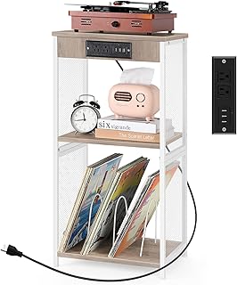 Vinyl Record Storage Table 3 Tier White Record Player Stand with Storage Hold Up to 170 Albums Small Table Stand Turntable Stand with Power Outlet for Living Room Bedroom Office