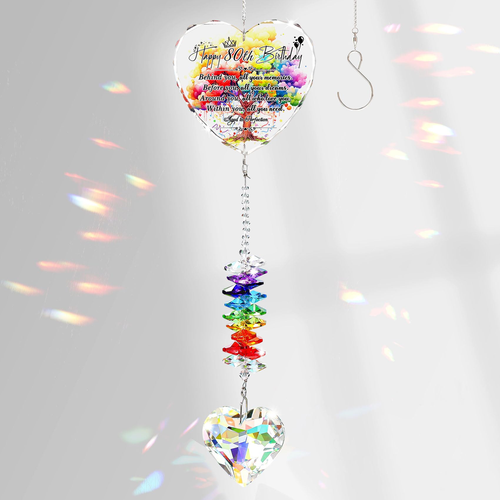 Arikyrist Unique 80th Birthday Gifts for Women Glass Suncatcher Happy 80th Birthday Ideas Heart Rainbow Maker Keepsake Presents for Mum Grandma Friends Turning 80 Year Old Hanging Ornament