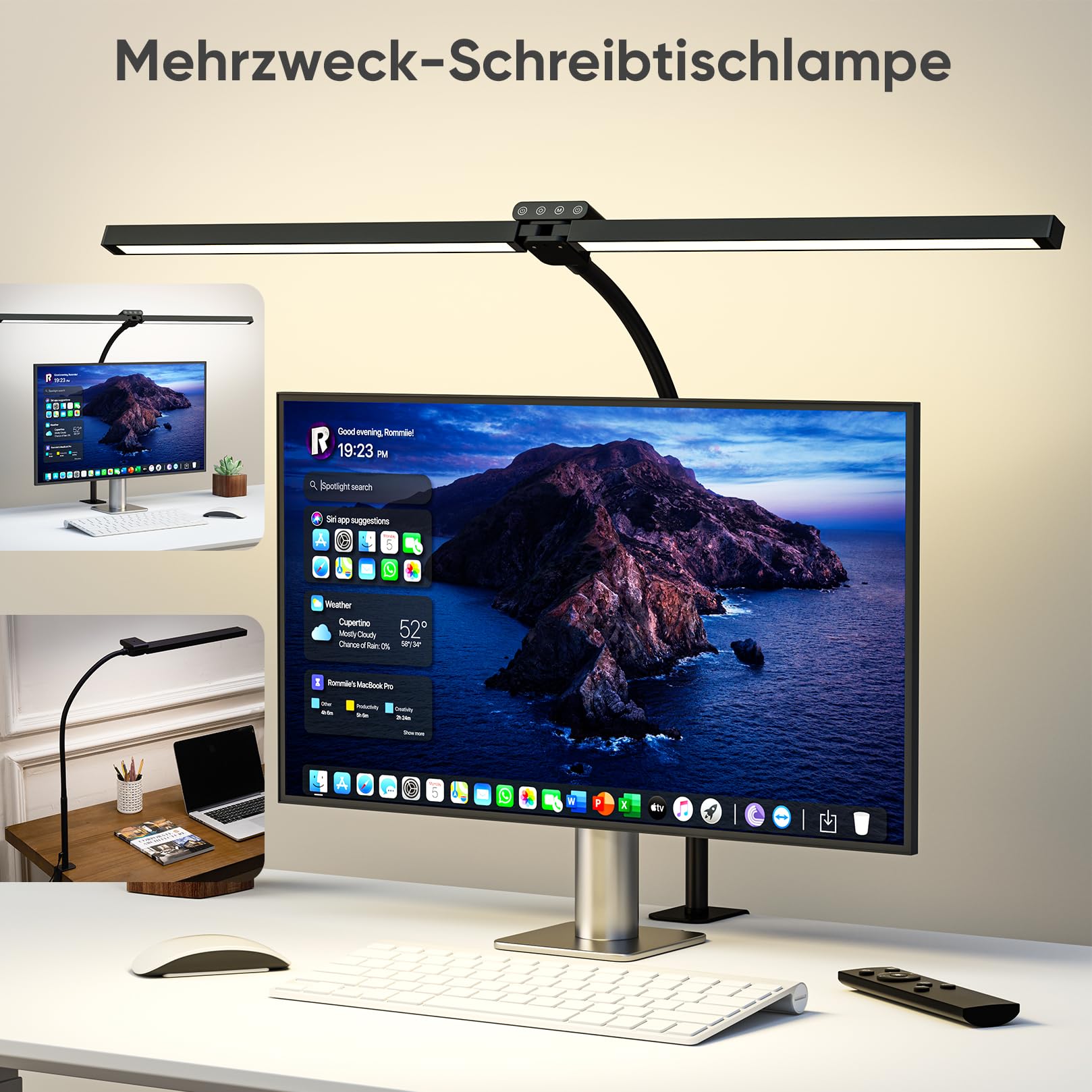 vatato Doppelkopf LED Schreibtischlampe mit RGB,24W Dimmbar Schreibtischleuchte mit Fernbedienungen, Klemmbar Tageslichtlampe mit Stufenlose Dimmung&Farb,Büro Tischlampe für Home&office (Schwarz)