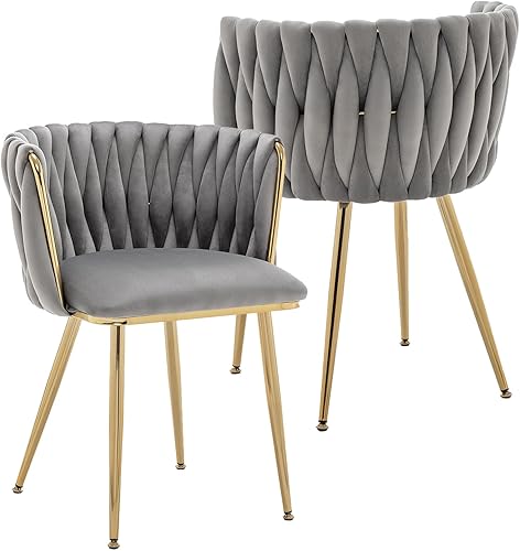 Miniatura 17 de Kiztir Juego de 4 sillas de comedor de terciopelo modernas tapizadas con respaldo tejido y patas de metal dorado para sala de estar, dormitorio,