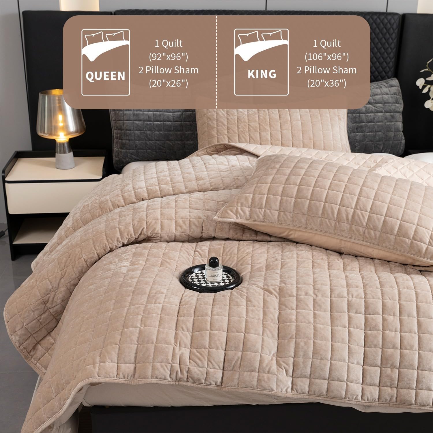 BOV Luxury Velvet Quilt and Sham Set, Cozy Queen Size Quilt Soft Comforter Set Lightweight Bedspread Coverlet Set Queen, Taupe Comforter 92"x96" - Image 8