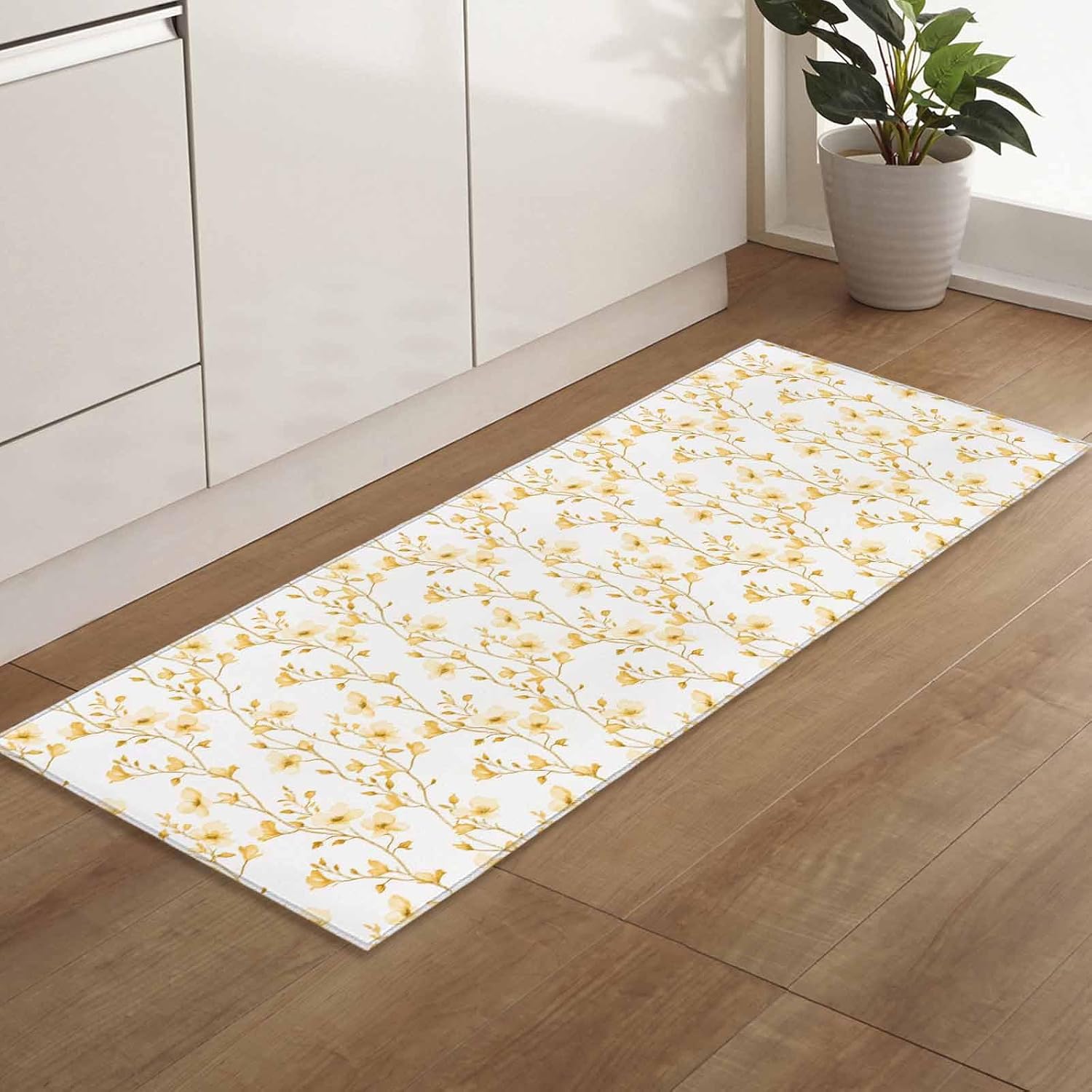Teamery Kitchen Mats for Floor Farm Yellow Flower Seamless Washable Non Slip Kitchen Rugs 1PCS, Coutry Floral Rattan Branch Absorbent Standing Mats for Sink Bathroom Office Living Room 23.6x70.9in