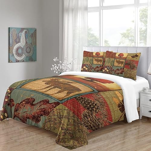 Miniatura 4 de Juego de edredón rústico de cabaña de campo, ligero, reversible, con alce y oso, juego de colcha con estampado de pino y luna, decoración de casa de