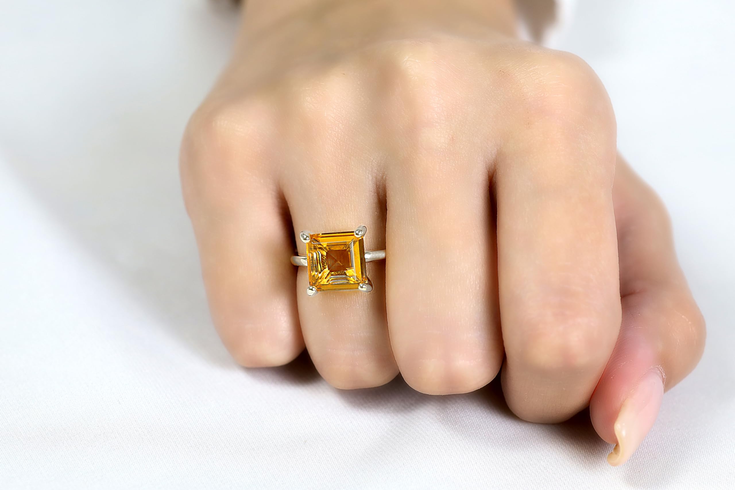 Anillo Citrino Amarillo - Anillos Solitarios Brillantes para Mujer - Anillo Cuadrado Hecho a Mano, Anillo de Compromiso Único - Joyería Personalizada con Caja