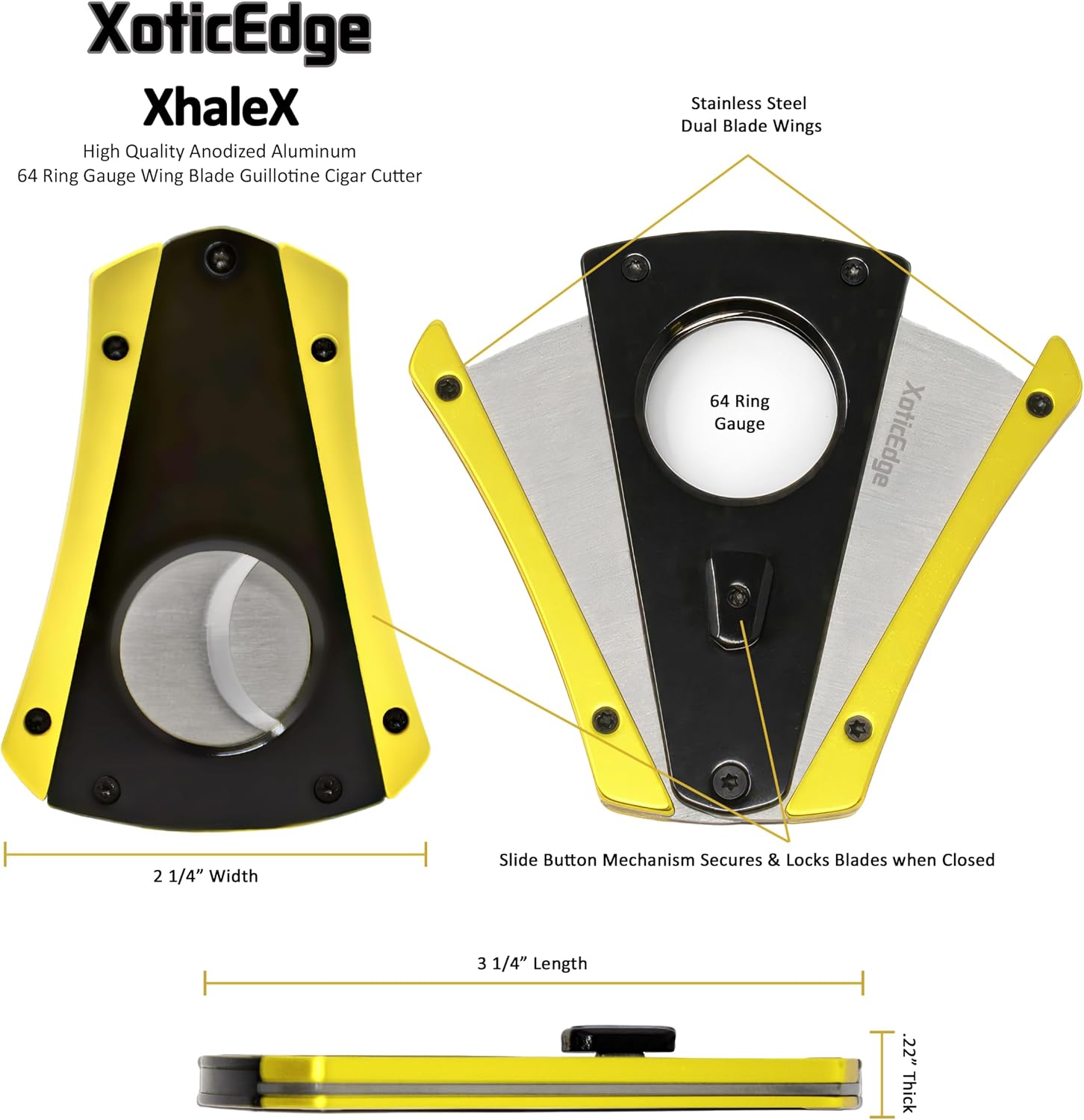 Prestige Import Group XoticEdge XhaleX Anodized Aluminum Body Dual Wing Stainless Steel Blade Cigar Cutter - Up to 64 Ring Gauge - Vibrant Yellow & Black