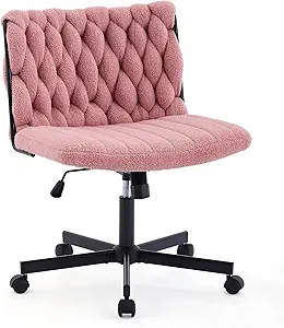 GarveeHome Criss Cross Chair with Wheels, Wide Seat Home Office Desk Chair, Armless Makeup Vanity Chair, Modern Cross Legged Swivel Comfy Chair, Computer Task Chair for Home Office, Pink