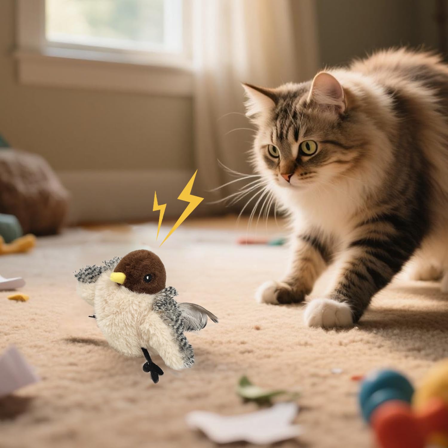 Juguetes para gatos recargables, gorrión, hierba gatera, juguete interactivo para gatos con chirrido, juguete realista activado por tacto para gatos, gatitos, ejercicio (pájaro con control remoto)