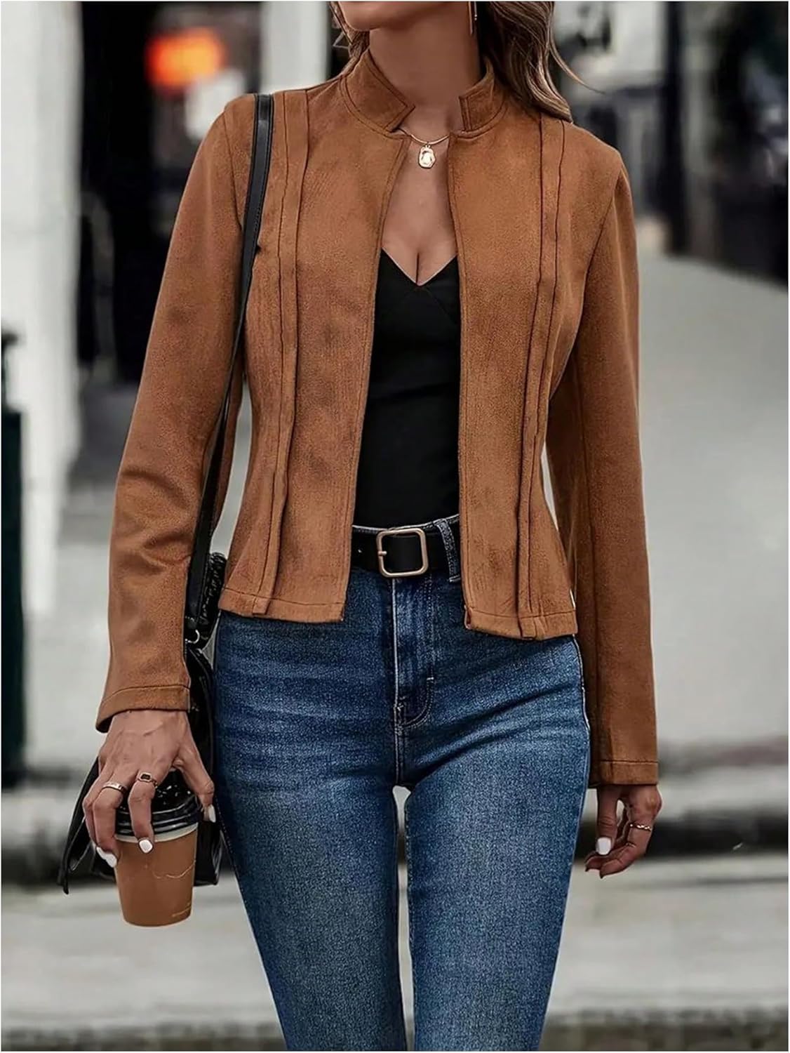 SOLY HUX Women's Faux Suede Open Front Cardigan Jacket Long Sleeve Casual Vintage Outerwear - Image 5