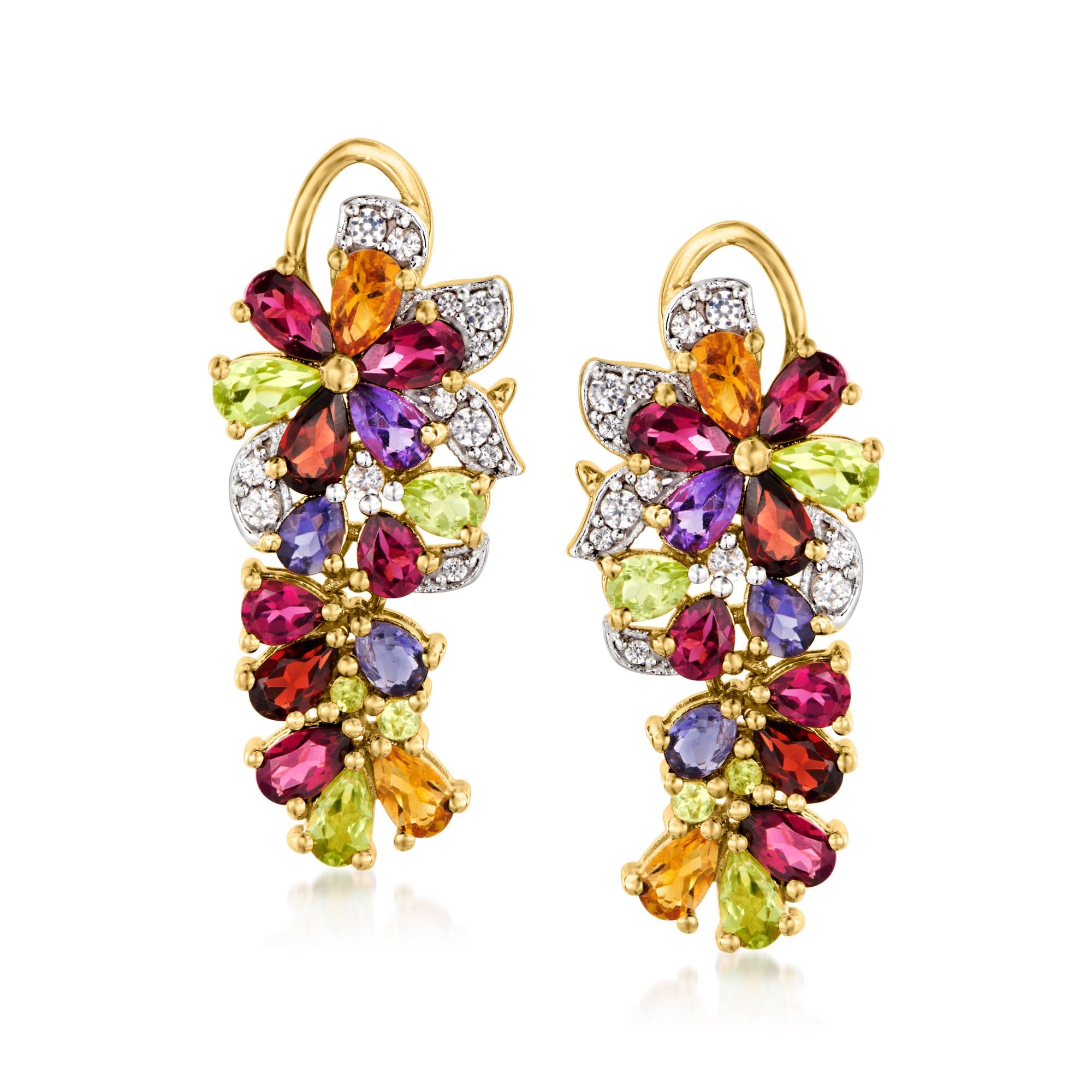 Ross-Simons 6 20 ct t w Multi-Gemstone Floral Drop Earrings in 18kt Gold Over Sterling