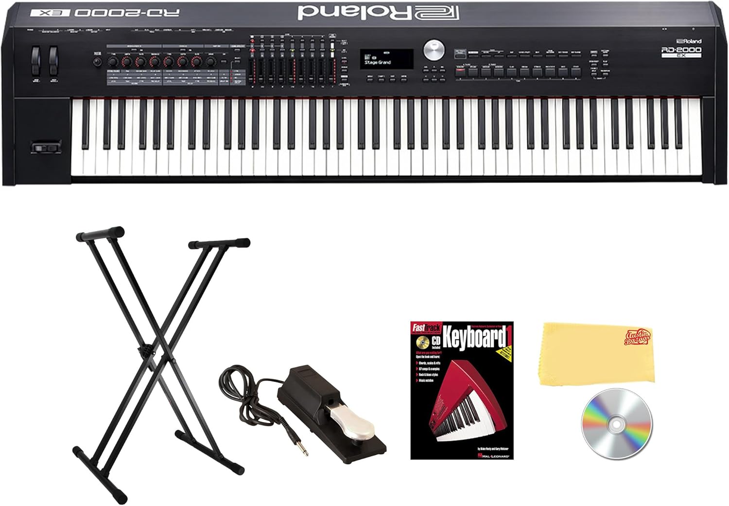 Roland RD-2000 EX 88-Key Stage Piano - Black Bundle with Adjustable Stand, Sustain Pedal, Online Piano Lessons, and Austin Bazaar Instructional DVD
