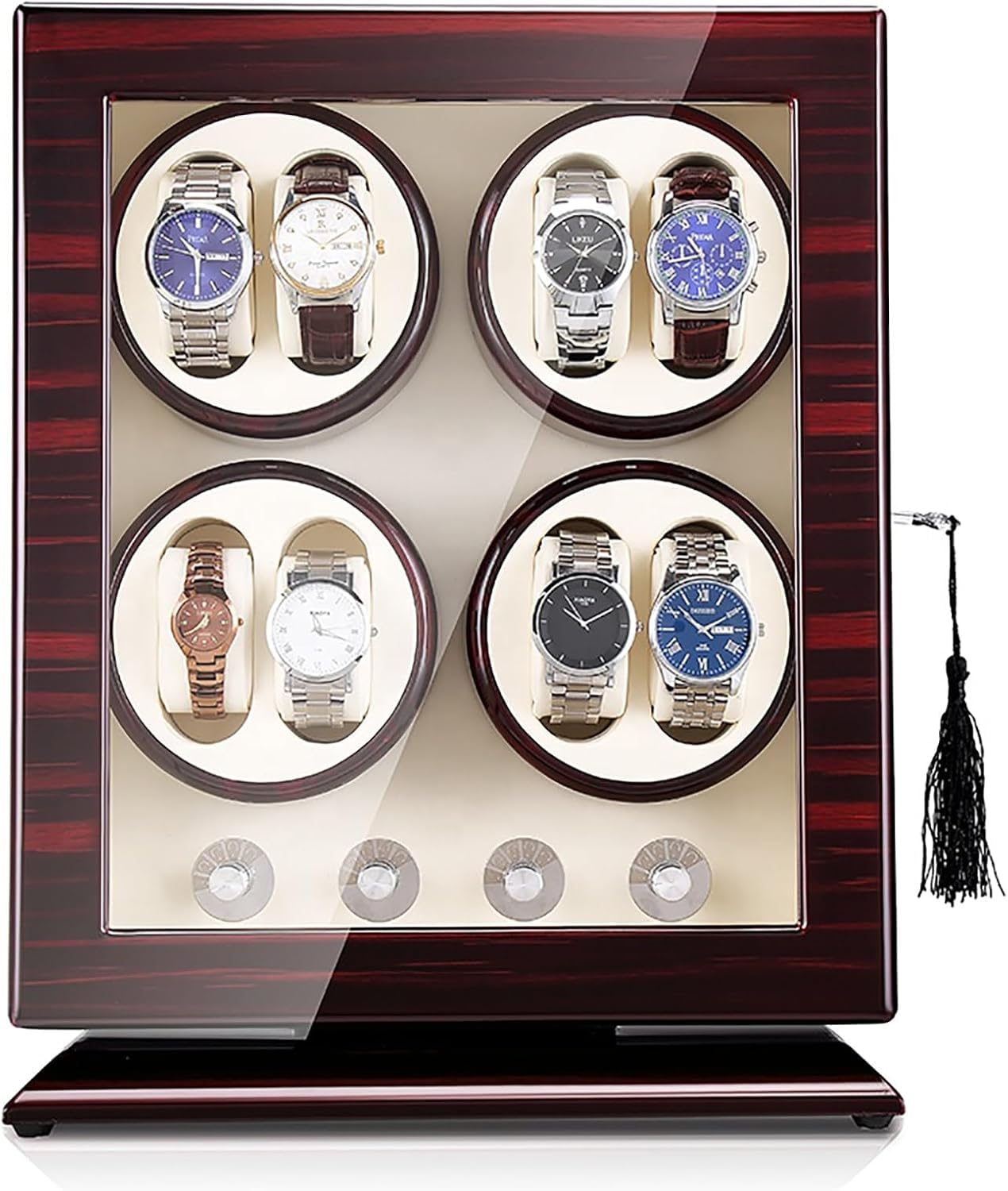 CGCSYZ Automatic Watch Winder Box for 4 Watches, Wooden Self-Winding Mechanical Storage Display Box, Rotation Modes, Quiet Motor, Blue LED Illumination
